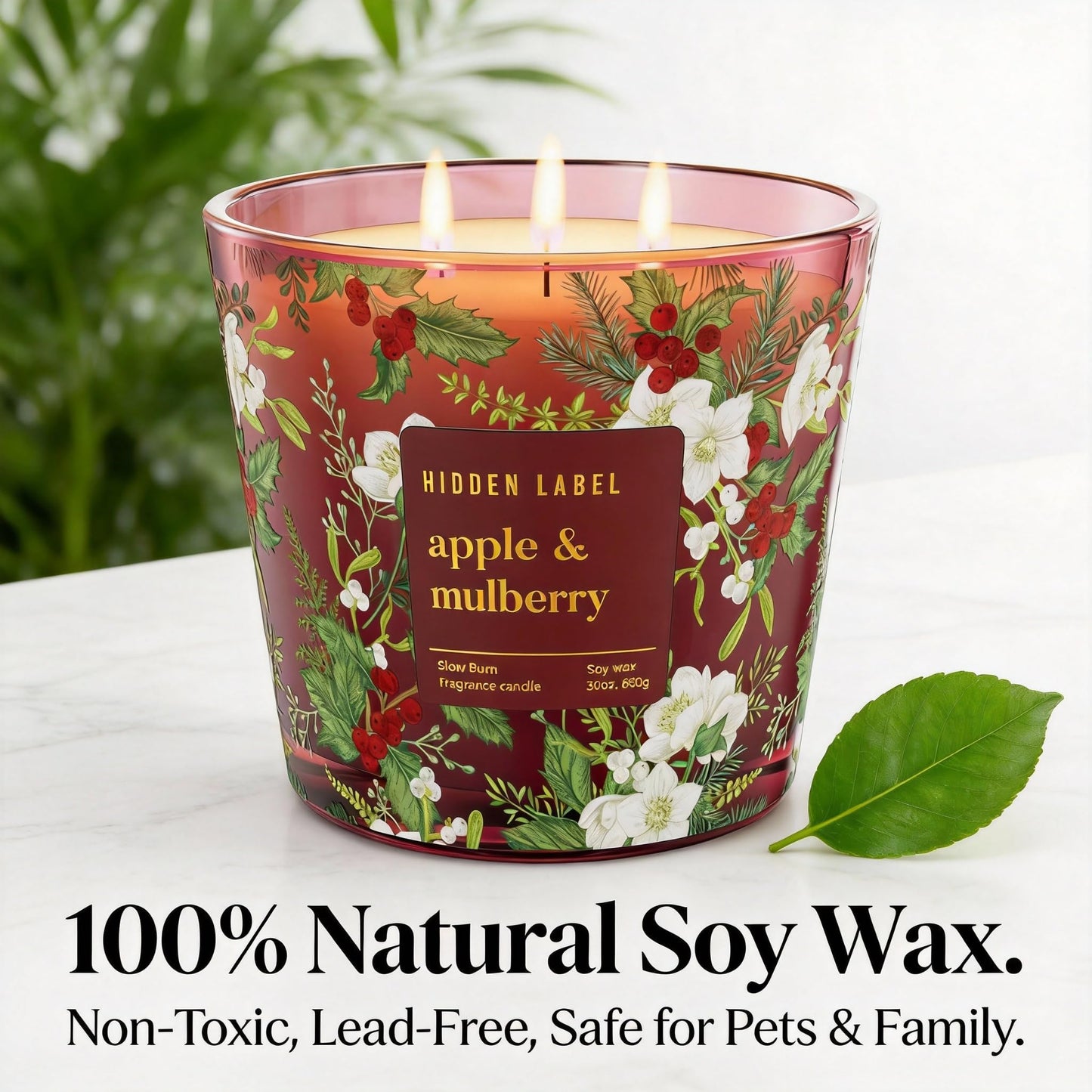 Apple Mulberry Scented Candle, 30oz 3 Wick Large Candle, 100H Long Burn Natural Soy Wax, Sweet Autumn & Winter Holiday Fragrance, Festive Gift for Women & Home Decor | Hidden Label