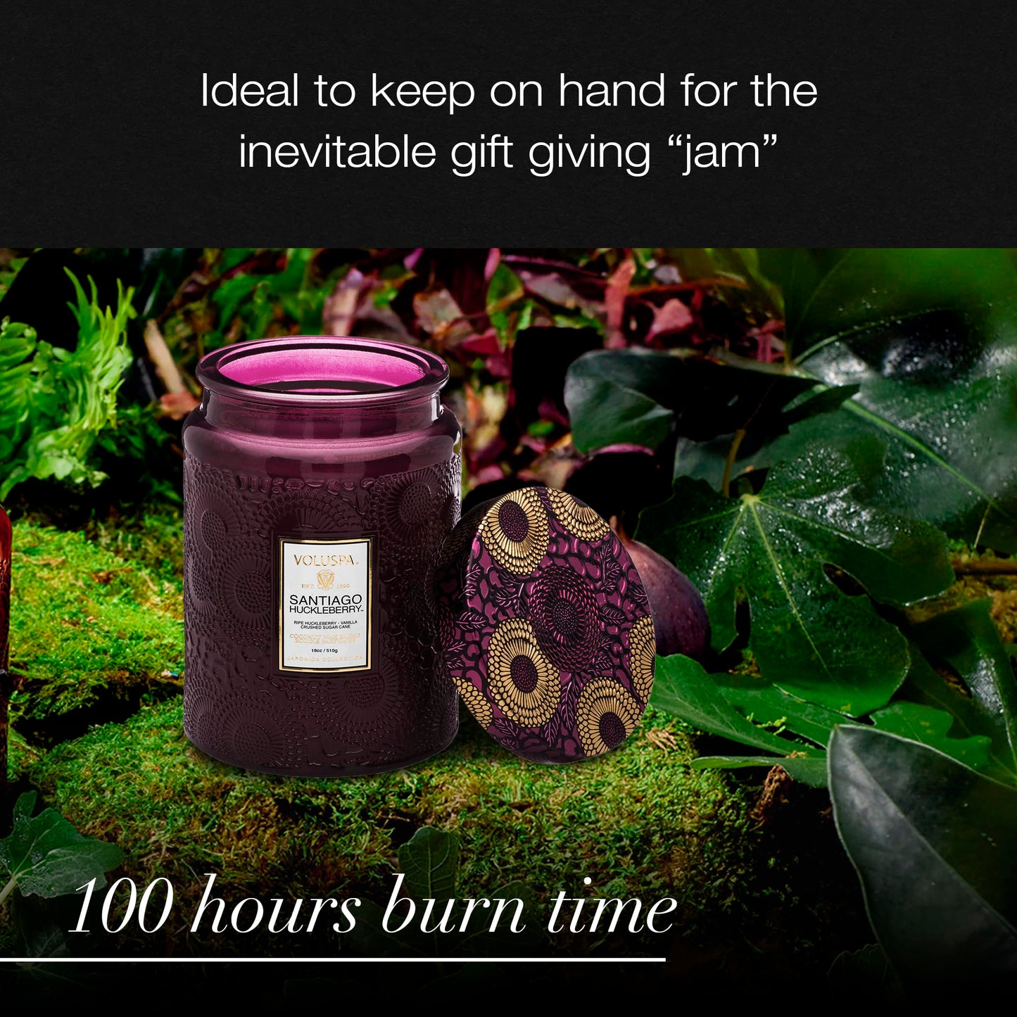 Voluspa Santiago Huckleberry, Large Candle Jar, 18 oz, 100 Hour Burn Time, All Natural Wicks and Coconut Wax for Clean Burning, Vegan, Poured in The USA