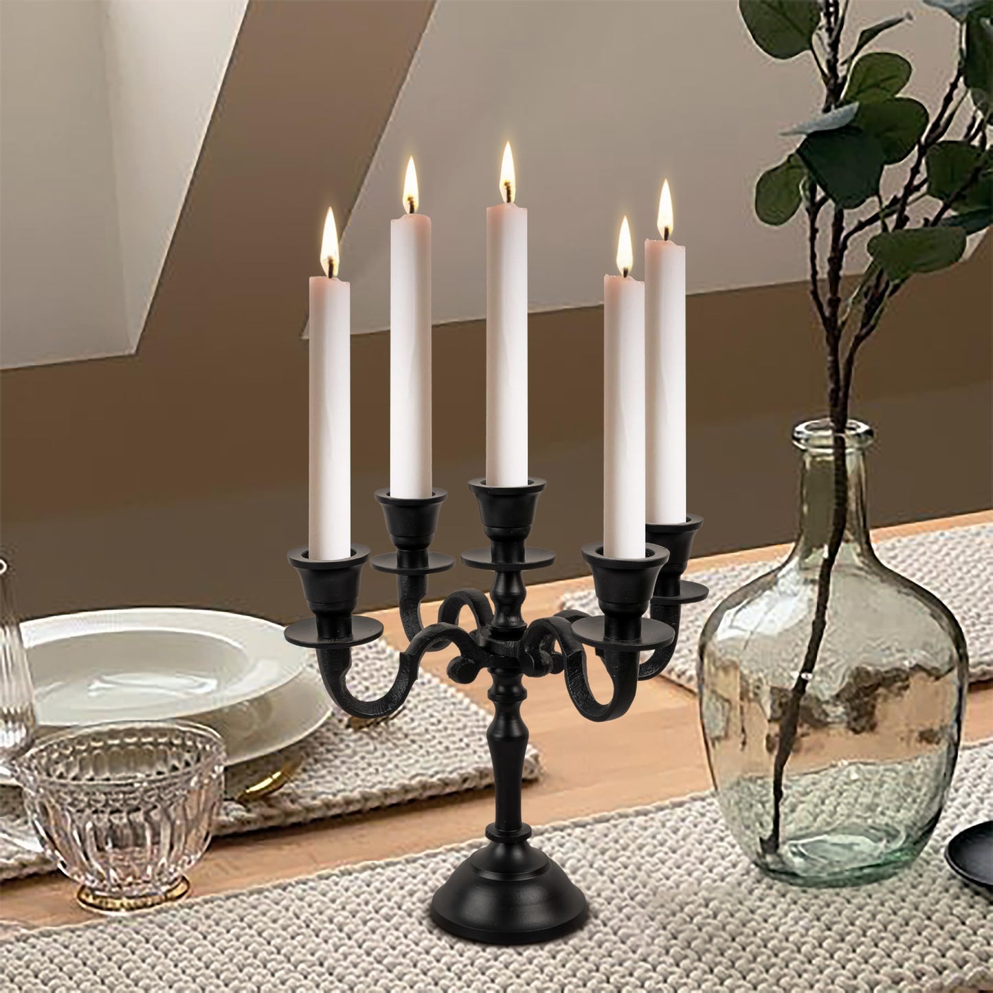 Rely+ 5 Arm Baby Candelabra Black Matte 8 Inch Taper Candle Holders Gothic Decorations Candlesticks Holder Home Decor Wedding Parties Centerpiece for Dining Table