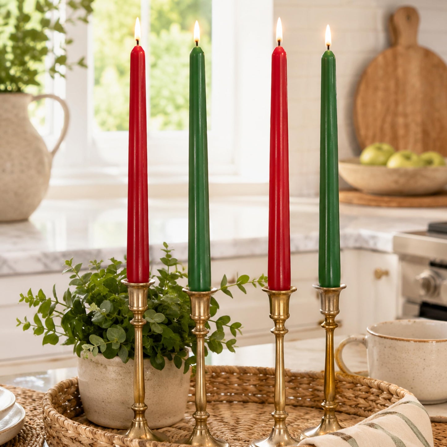 10 Inch Red and Green Taper Candles Set of 4, Handmade Unscented Dinner Candles for Candlestick Holders, Christmas Holiday Wedding Table Centerpiece Decor