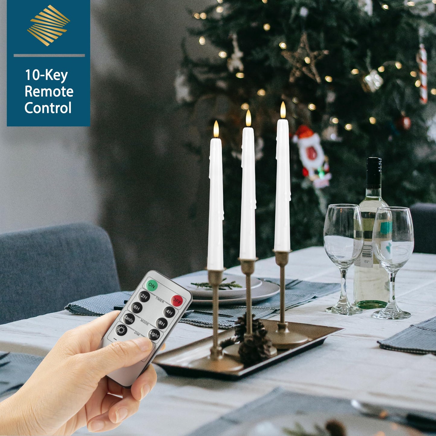 SEHNSY Dripless Flameless Taper Candles with Remote, Real Wax Battery Operated LED Candles Set with 3D Flickering Flame, 3Pcs White 9.6" Realistic Candlesticks as Mothers Day Gifts, Gifts for Mom