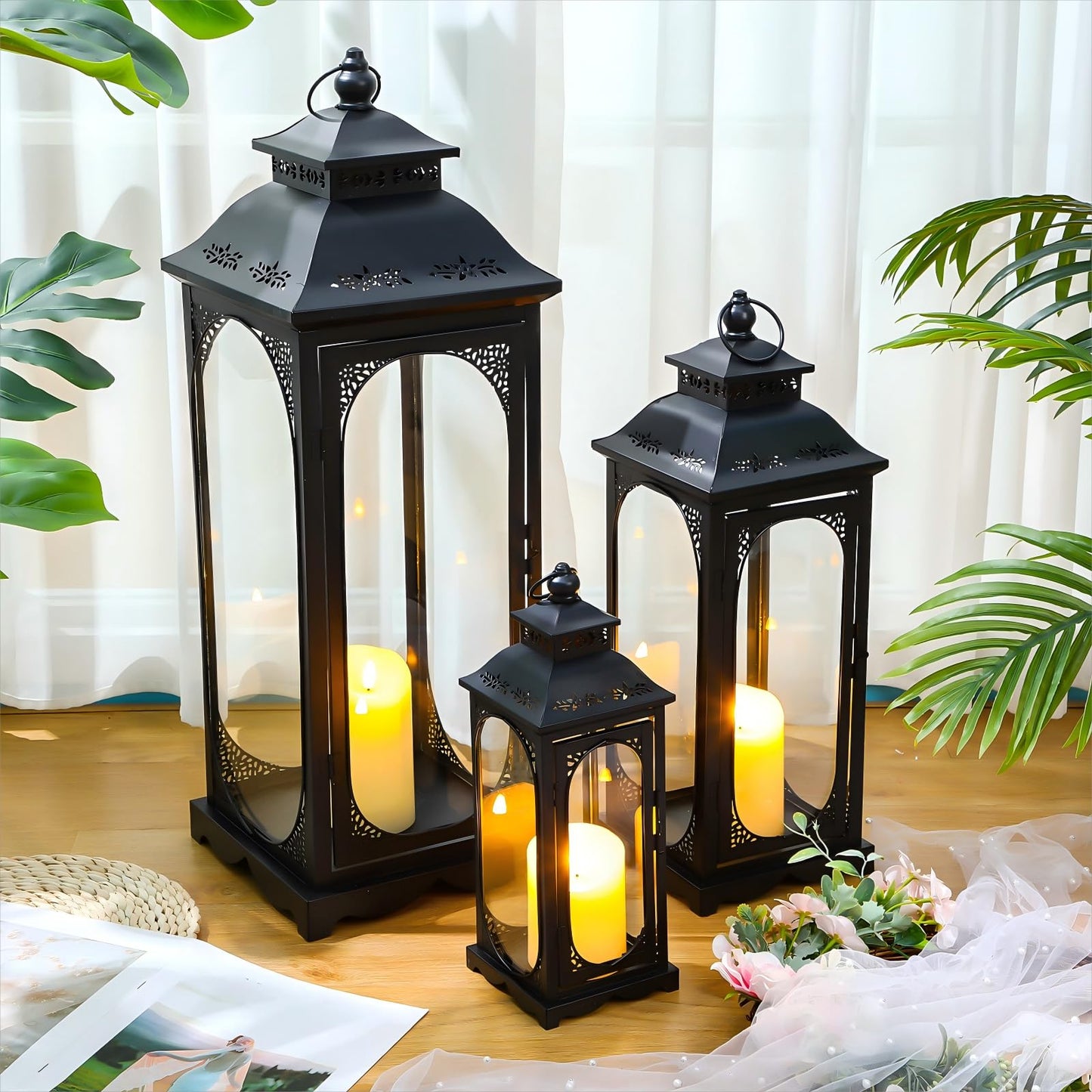 Mifoci Jumbo Black Metal Decorative Lanterns with Clear Glass Panel Hurricane Candle Lantern for Home Decor Party Event Tabletop Front Porch Wall Hanging Indoor Outdoor(3 Pcs,28'' 20'' 14'')