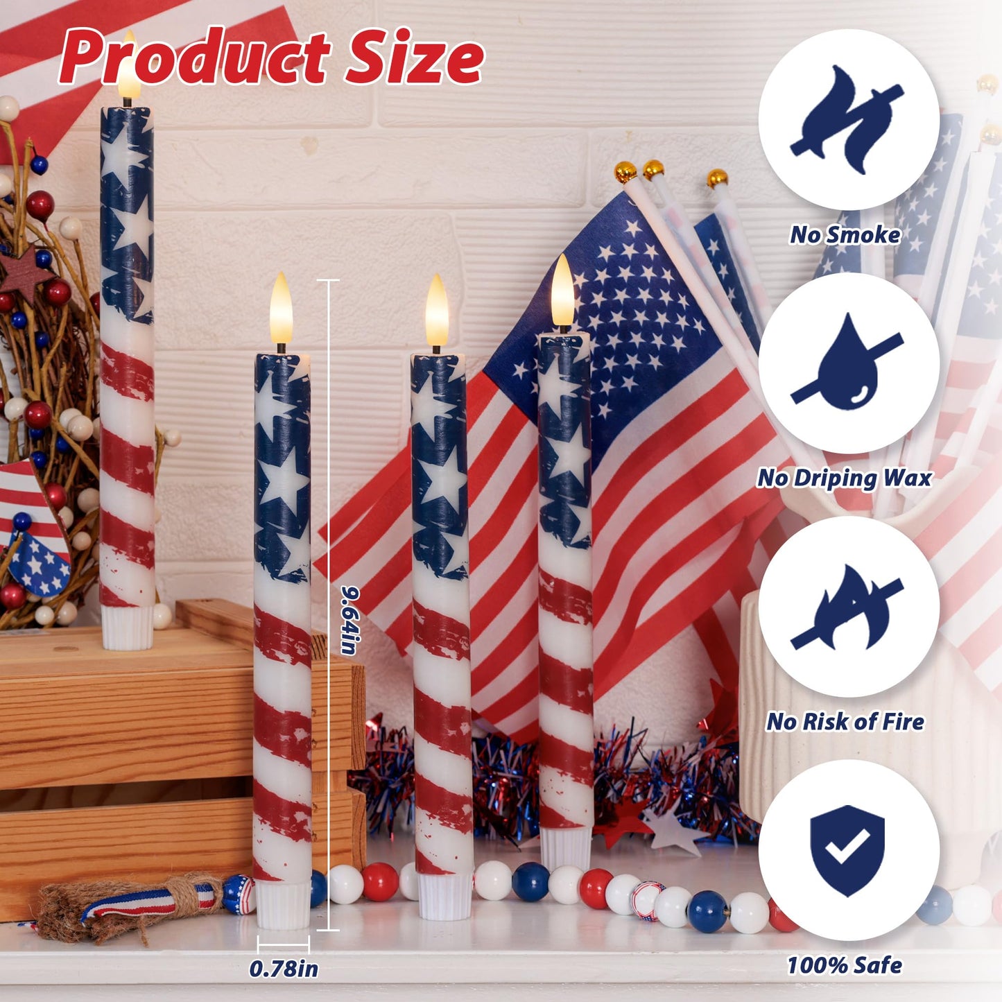 SEHNSY 4th of July Flameless Taper Candles with Remote and Timer, Real Wax Red White and Blue American Flag LED Candles, 250th Anniversary Patriotic Battery Operated Taper Candle Set