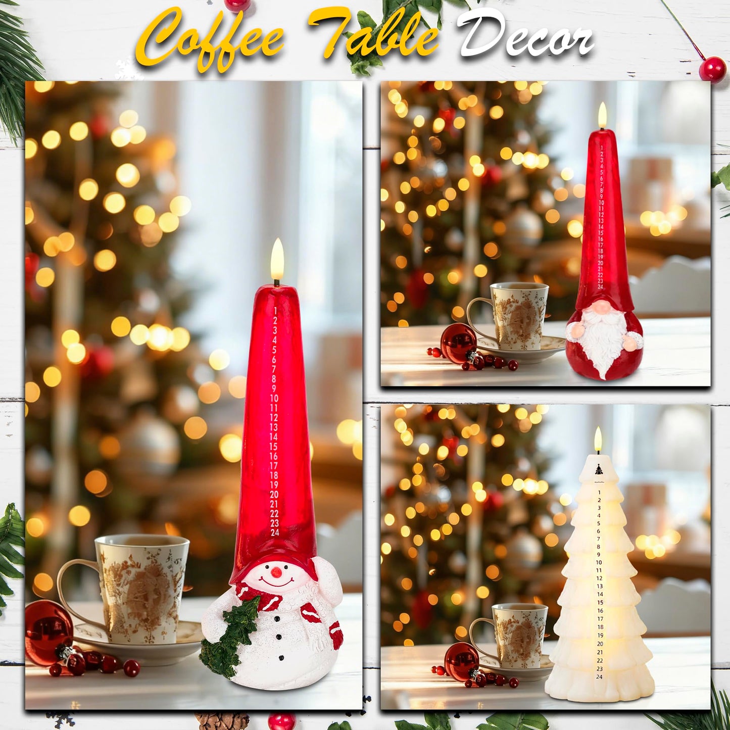 Flameless Christmas Countdown Candles with Remote, 3D Flickering Flame Snowman Battery Operated LED Advent Calendar Candle, 24-Day Automatic Countdown Electronic Candle, Christmas Decoration for Home
