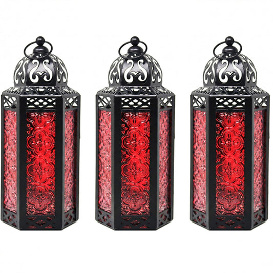 Vela Lanterns Candle Holder, Gothic Dark Academia Decor, Red Moroccan Lantern, Turkish Lamp, Whimsigoth Medieval Goth Accents, Hanging Centerpiece, Vampire Home Bathroom Decoration, Medium, 3-Pack