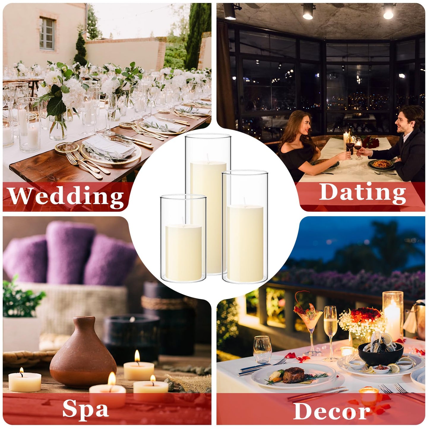 Shihanee 36 Pcs Pillar Candles and Glass Cylinder Vases Tall Cylinder Holders for Pillar Candles Wedding Centerpieces, Total 18 Sets(2.6'' X 4.7'', 5.9'', 7.9'',Clear,Ivory)