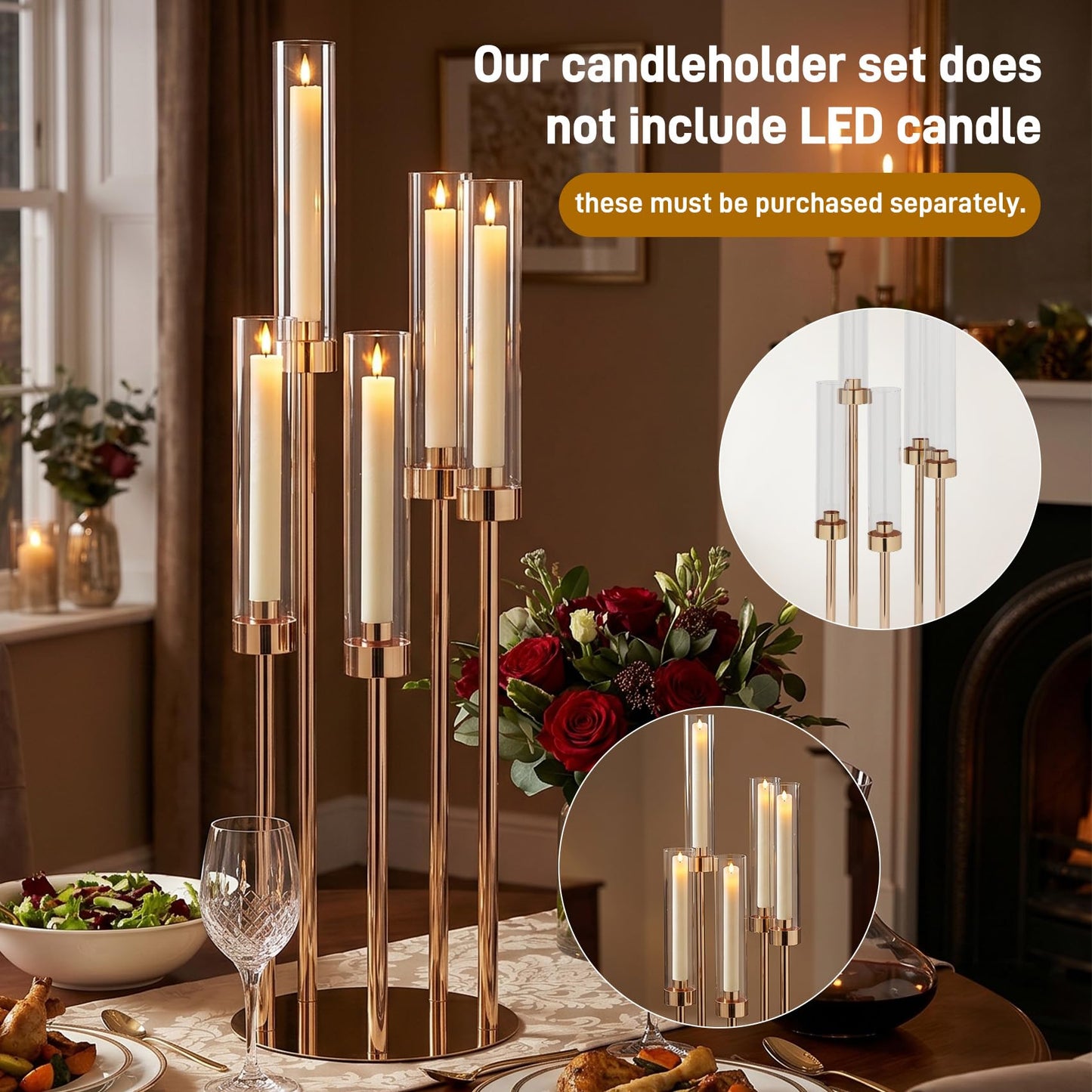 10PCS Gold Candelabra Centerpieces, 42.5in 5 Arm Gold Candle Holder with Acrylic Lampshade, Perfect for Wedding, Birthday, Holiday & Party Decor, Fits 0.9" LED Taper Candles