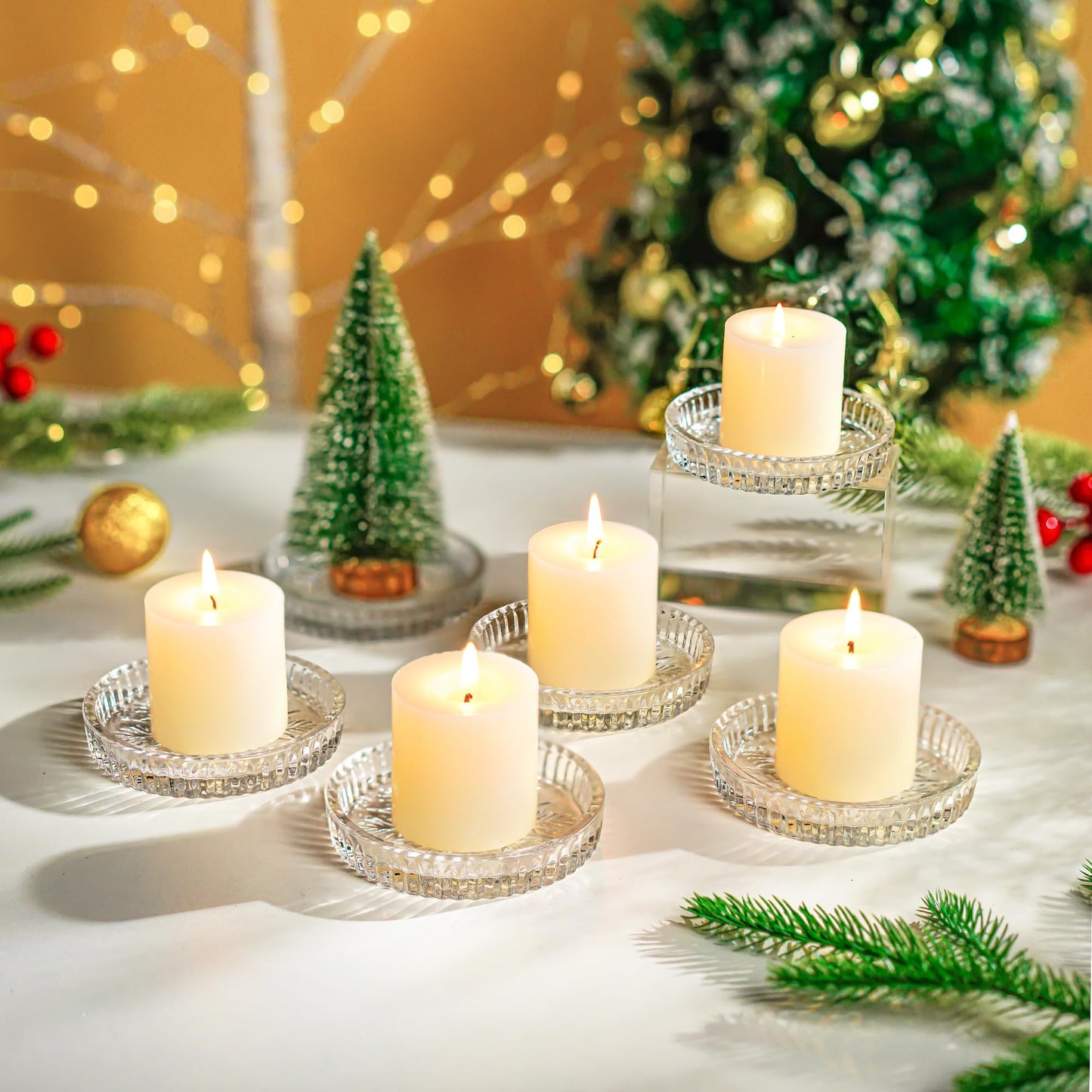 kanpura 3.5 Inch Crystal Glass Candle Plates Round Votive Candle Holder Plates Clear Glass Candle Trays for Home Christmas Winter Party Decor(Set of 6)