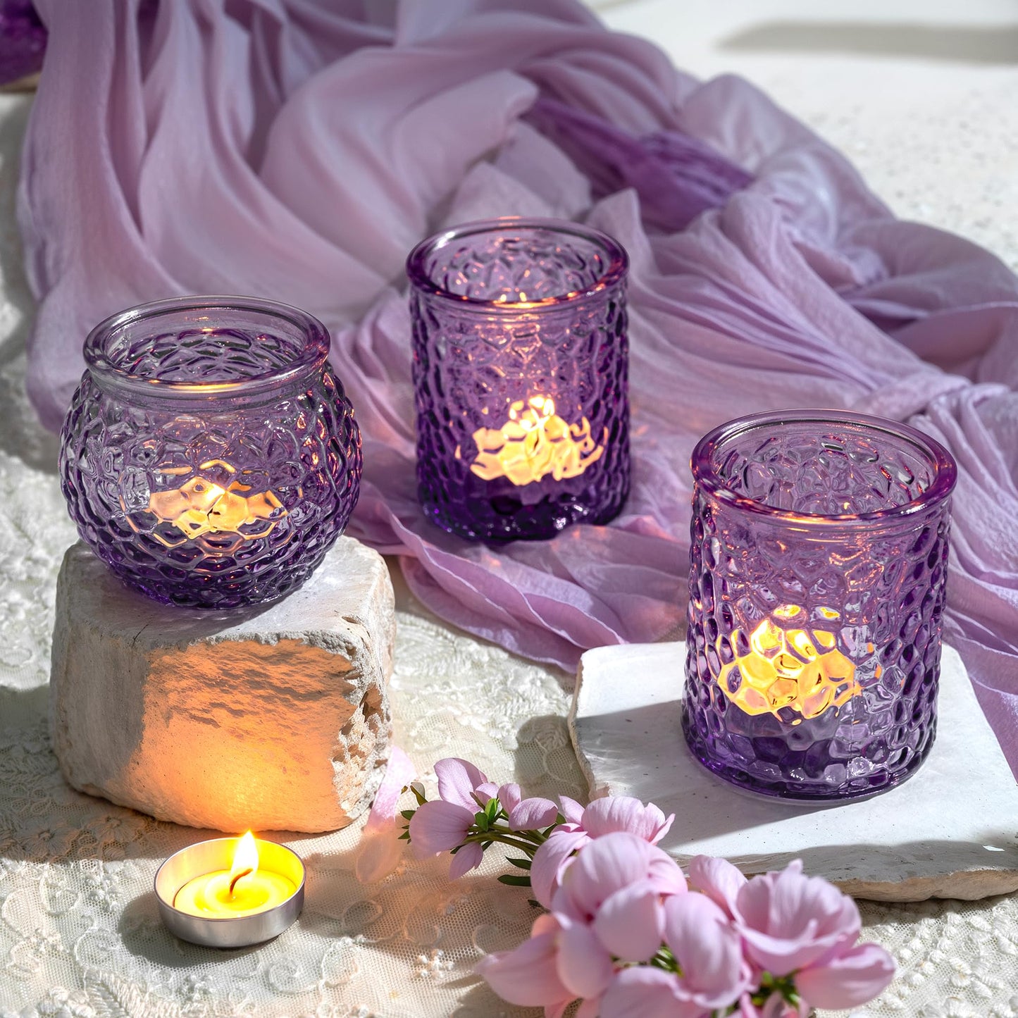24-Piece Purple Glass Votive Candle Holders Set – Tealight Candle Holder Glass Bulk with 12 Round & 12 Hammered Textured Cups, Purple Votive Candle Holders for Weddings, Parties, Home