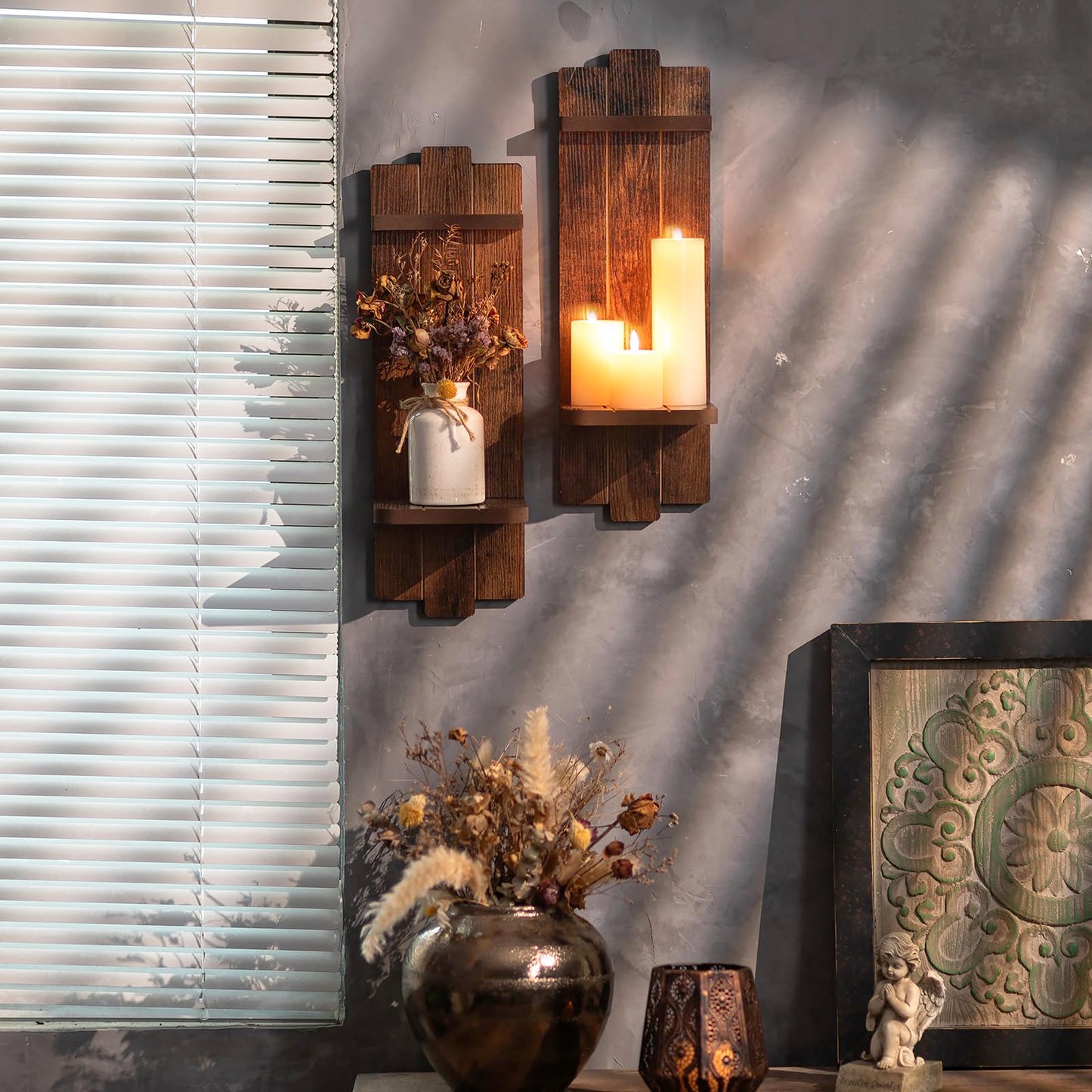 Walasis Large Candle Sconces for Farmhouse - 19.7 Inch Wood Candle Holder Wall Decor Set of 2 - Rustic Wall-Mounted Floating Shelf for Fireplace Mantel Bedroom Living Room