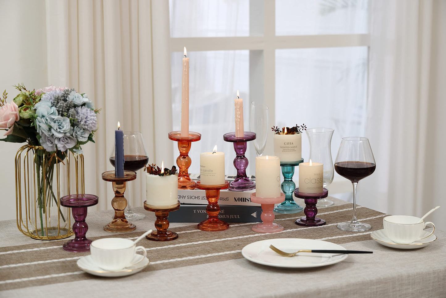 GMWD 3 Pcs Glass Candle Holder Set Clear, Purple Candlesticks Holders Pillar Taper Candles Tealight Stand for Wedding Centerpieces Home Decorations Dining Table
