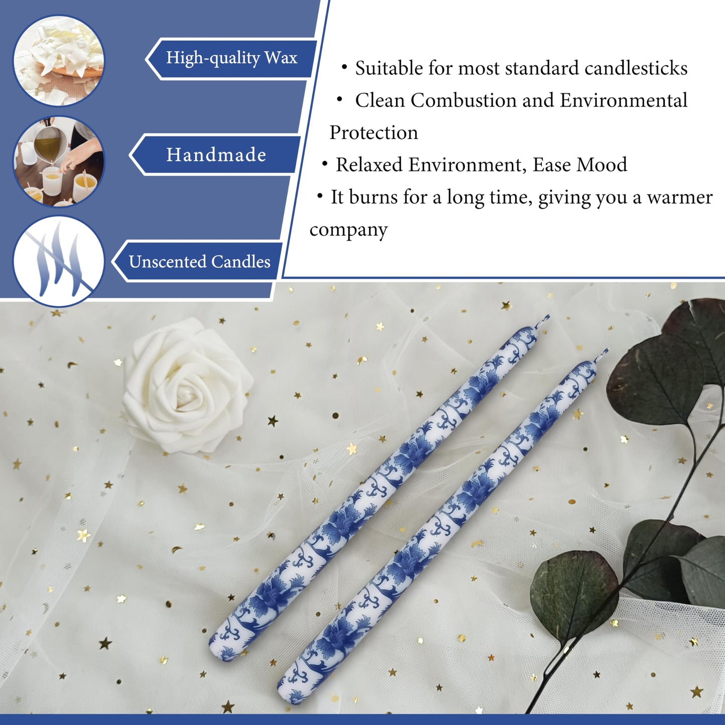 Blue and White Printed Candles Unscented Candlesticks 10 inch Hight Candle 2 PCS Handmade Taper Candle for Home Wedding Dinner Holiday Party