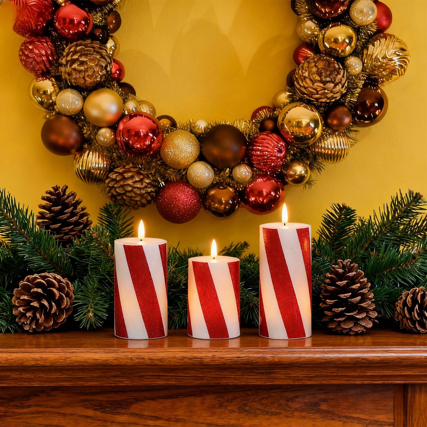 Eldnacele Christmas Candy Cane Stripe Flameless Candles with Remote and Timer, Battery Operated 3D Wick Flickering Real Wax Stripe Glitter Pillar LED Candles Holiday Xmas Decor (3Pcs, D3×H4/5"/6")
