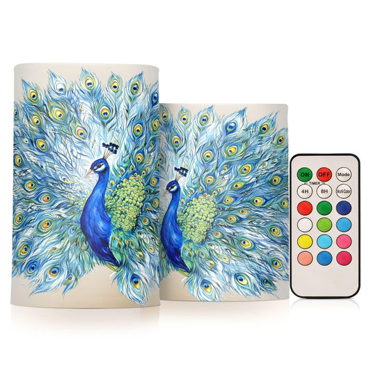 Watercolor Peacock Flameless Candles, Flickering LED Candles Battery Operated Color Changing with Remote Timer for Party Wedding Decoration (Without Battery)