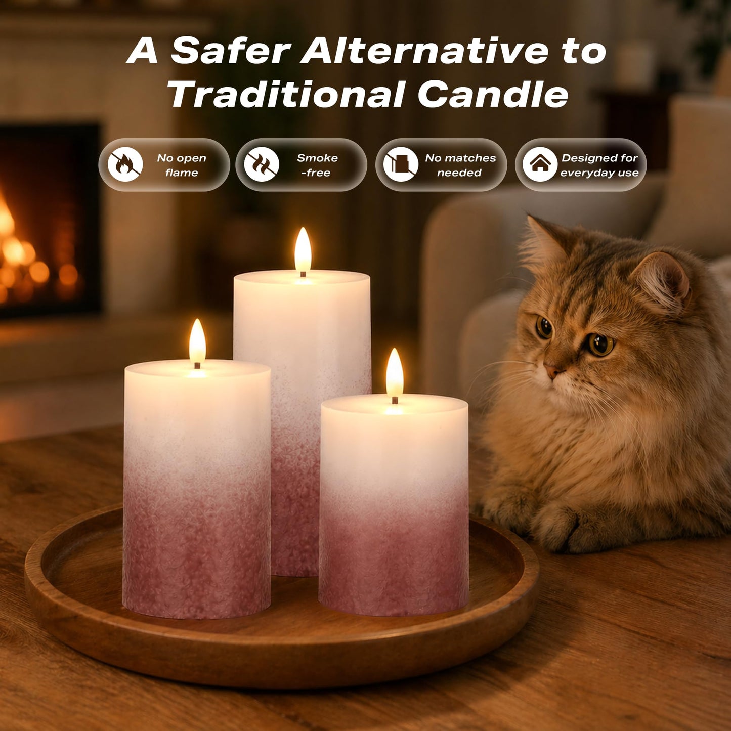 AFINETH Flameless Pillar Candles with Remote, Real Wax Flickering Battery Operated Candles, Brick Red Gradient LED Decorative Candles for Home Decor, Table, Fireplace Mantle, Set of 3