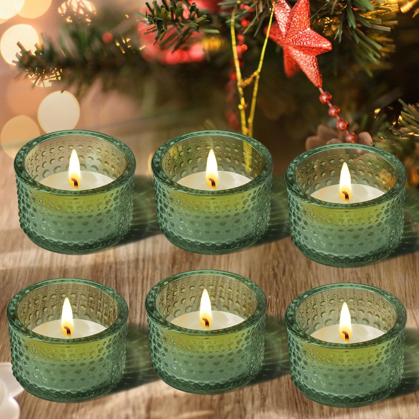 JOYIT Green Votive Candle Holders Bulk Set of 6, Tealight Candle Holder for Wedding Table Centerpiece, Glass Small Candle Holders for Birthday Party, Valentine's Day, Home Decor (2''X 1.4'')