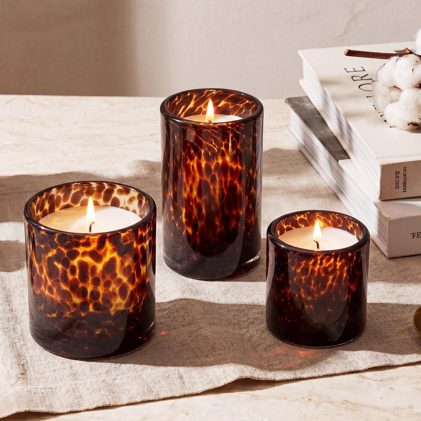 Potchen Set of 3 Tortoise Shell Glass Candle Holder Vase Set 3/4/5" Tealight Pillar Candle Holder Leopard Print Tortoiseshell Cheetah Animal Print for Table Decoration Centerpieces Home Dining Party