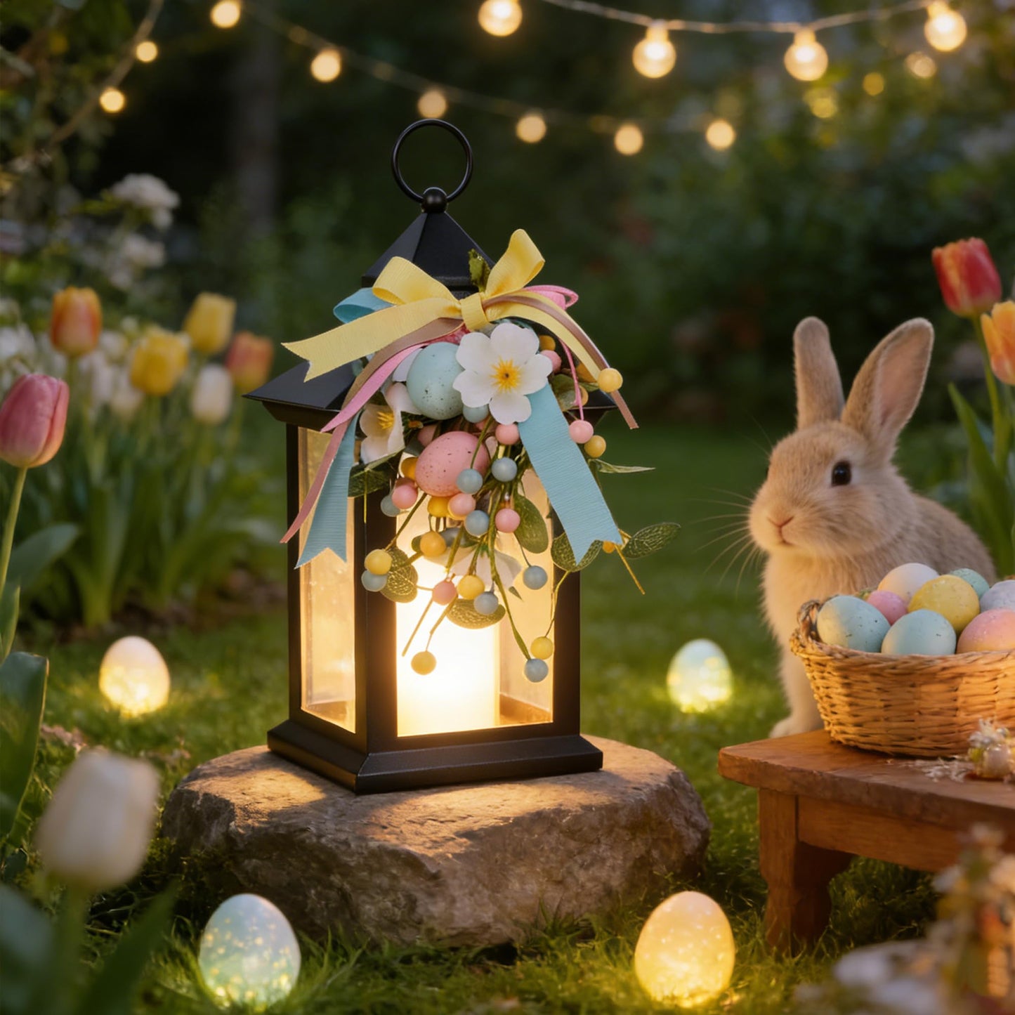 JOHUNT Easter Decorative Candle Lanterns, Battery Operated with Timer, 2 Pack Black Easter Egg Lanterns, 14" Waterproof Hanging Lanterns for Porch, Patio, Wedding Spring Decor