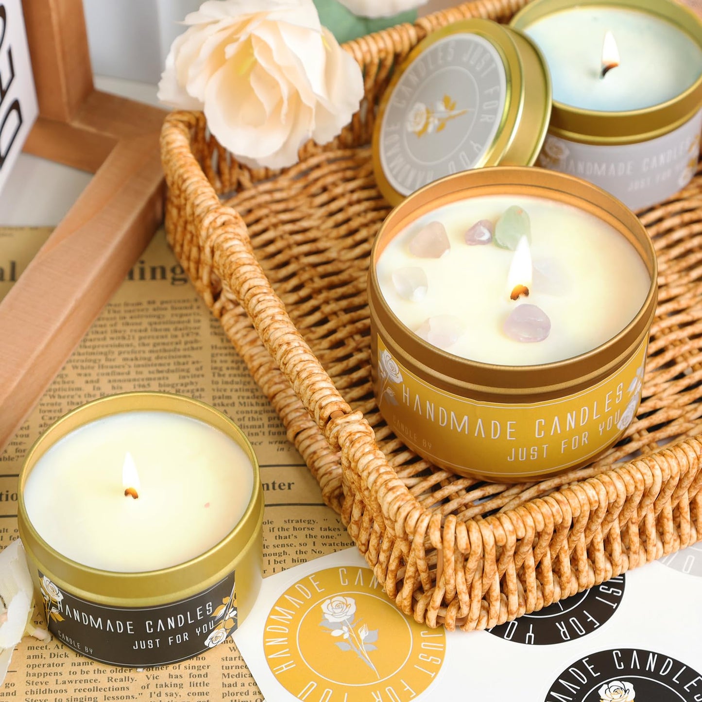 CONNOO 48 Pack Candle Tins - 24pcs 8oz + 24pcs 4oz Matte Gold Candle Jars with Lids for Making Candles, Bulk Empty Candle Containers with Sticky Warning Labels for Candle Making, Storage, and Gift
