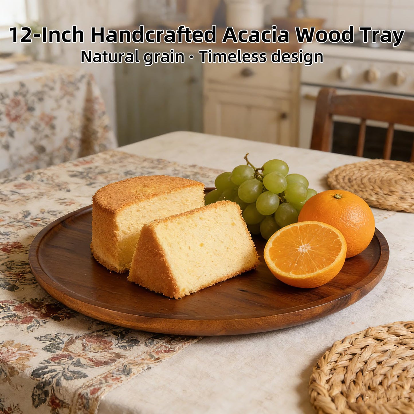 Round Acacia Wood Tray, Non-Slip Wooden Candle Tray for Coffee Table, Bathroom Vanity & Countertop, Decorative Wooden Tray for Home Décor Organizer- 11.8 Inch Diameter