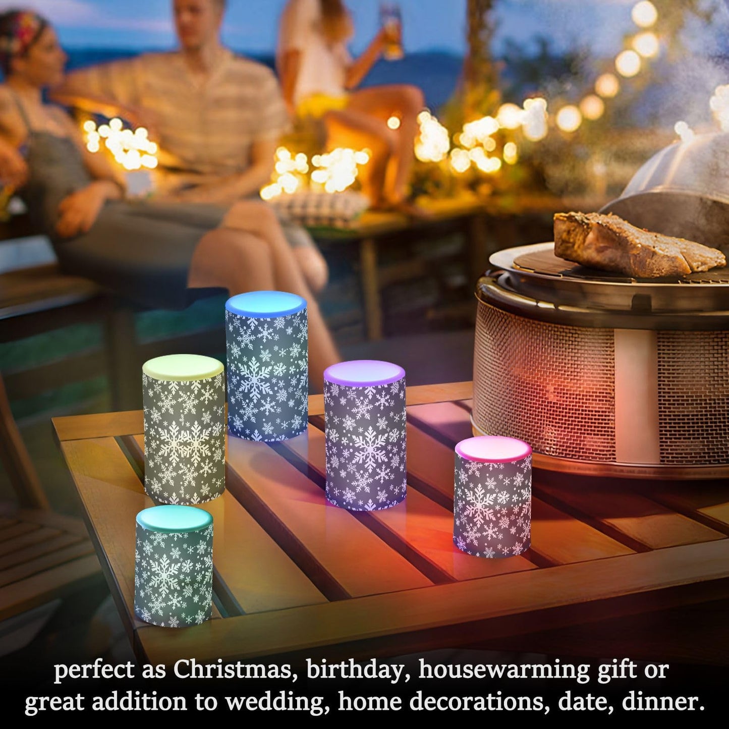 Pigsaly Flameless Candles Battery Operated White Black Texture Christmas Snowflakes Flickering Led Pillar Candles with Remote Control Colour Changing Warm Light Candles for Halloween Christmas Weddi