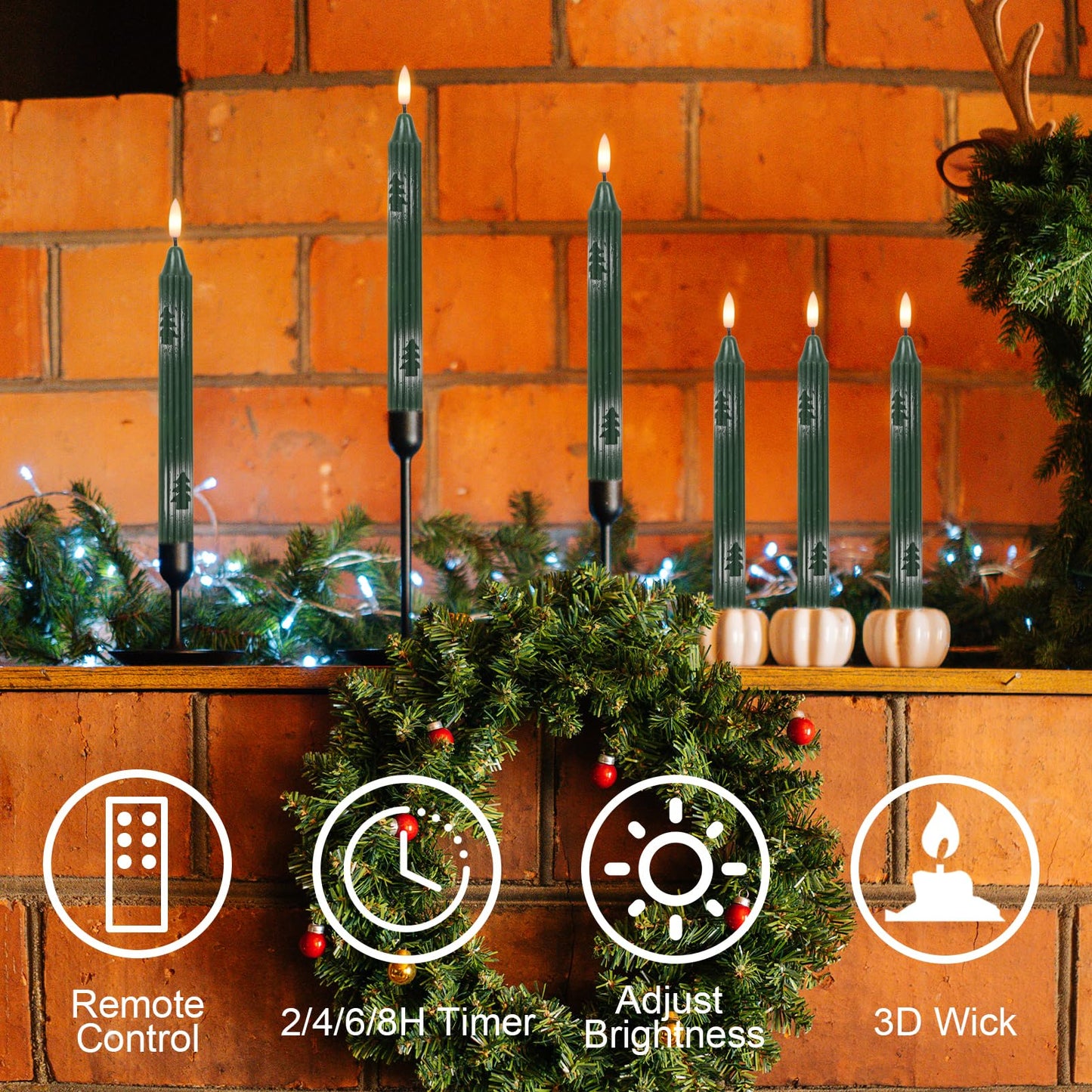 Wondise Christmas Flameless Taper Candles with Remote and Timer, Battery Operated 3D Wick Real Wax LED Candles with Painted Christmas Tree 6 Packs for Christmas Holiday Decor(0.78 x 9.45 Inch)