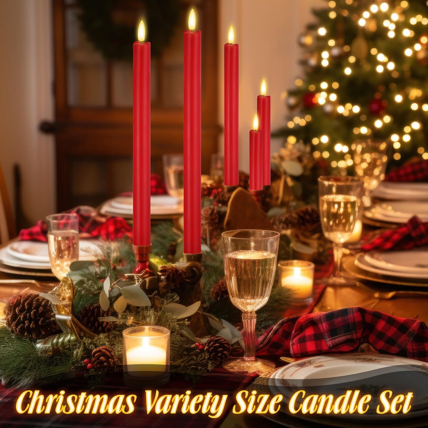 Rossesay 20 Pcs Flameless LED Taper Candles Battery Operated Taper Candles 5 Sizes of 6.5'', 7.7'', 8.8'', 10.0'', 11.2'' Flameless Candlesticks Flickering with 3D Flame for Wedding (Red)