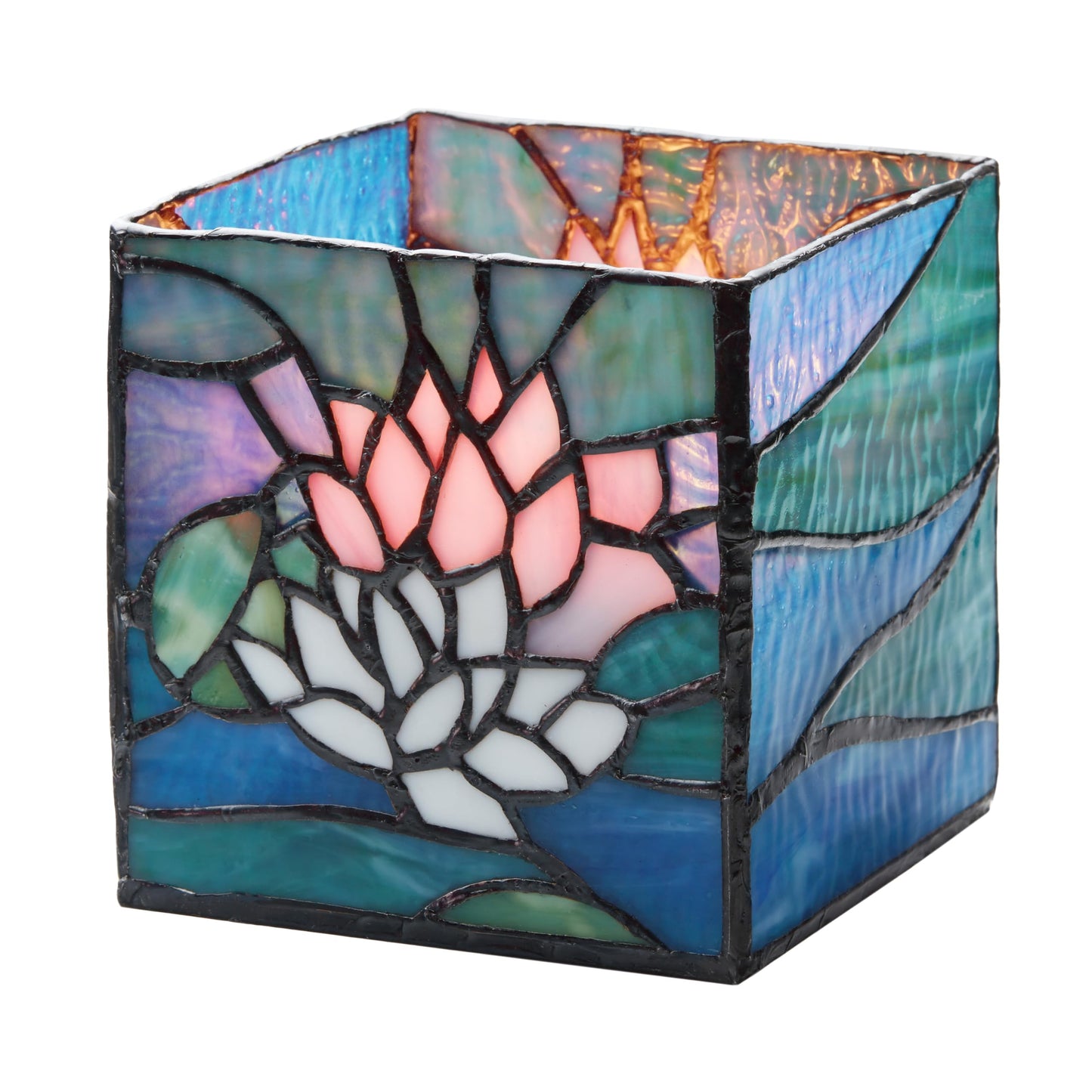 River of Goods 4.75" W Blue Pond Lily Stained Glass Candle Holder