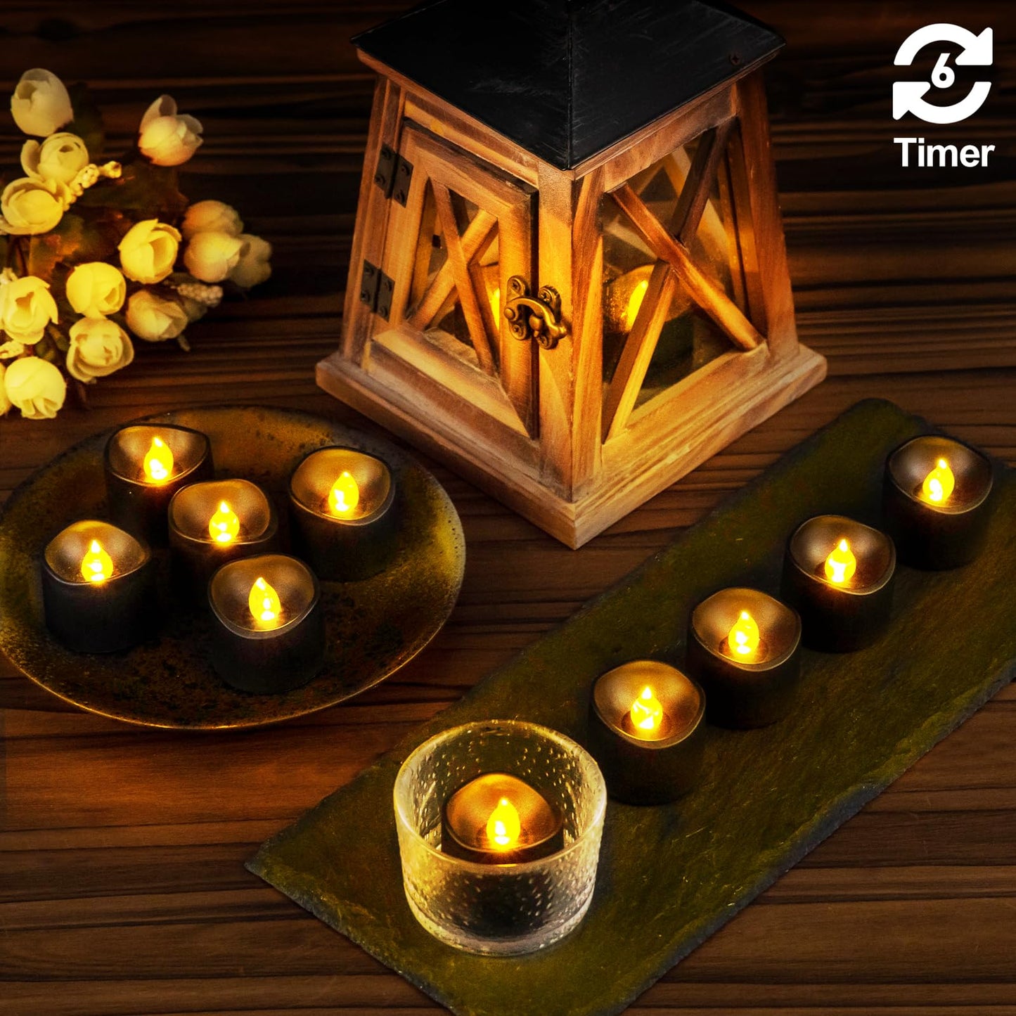 Windshell Black Tealight Candles with Auto 6H Timer (No Remote), Battery Operated LED Flameless Tea Lights, for Halloween Christmas Wedding, 12 Pack