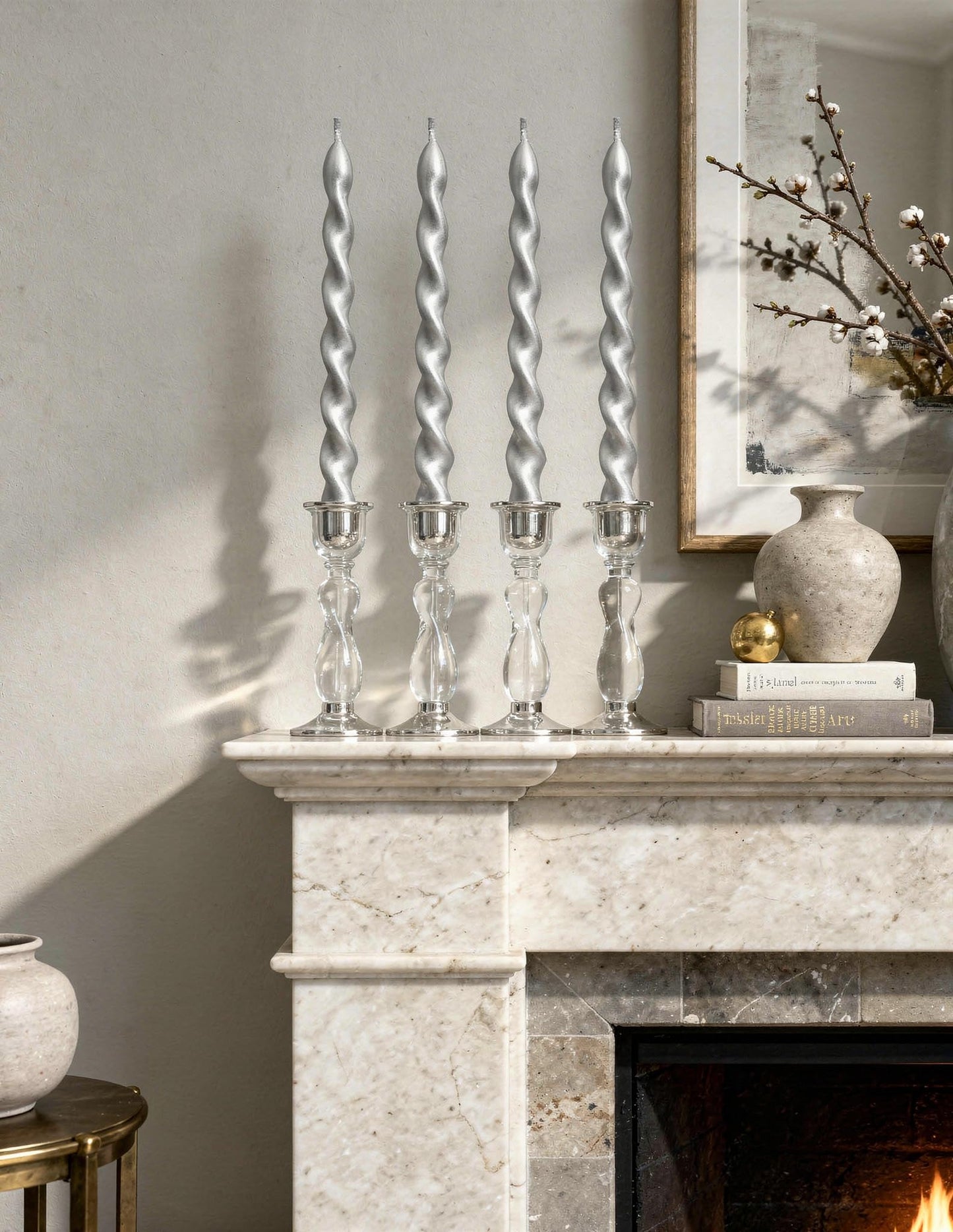 Viyffo Spiral Taper Candles 12 Inch – 4 Pack Silver, Dripless, Unscented, Smokeless – 9 Hour Burn – Tall Candlesticks for Wedding, Dinner, Holiday, Party, Home Decor