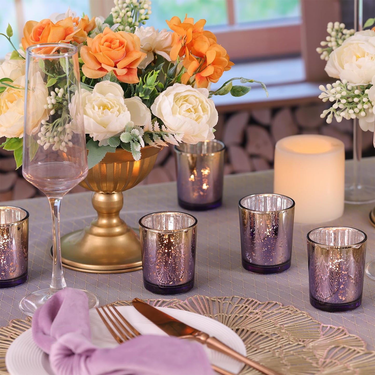 Volens Purple Votive Candle Holders Set of 12, Speckles Mercury Glass Tealight Candle Holder Bulk for Table Wedding Centerpiece, Purple and Gold Party Decorations & Home Decor