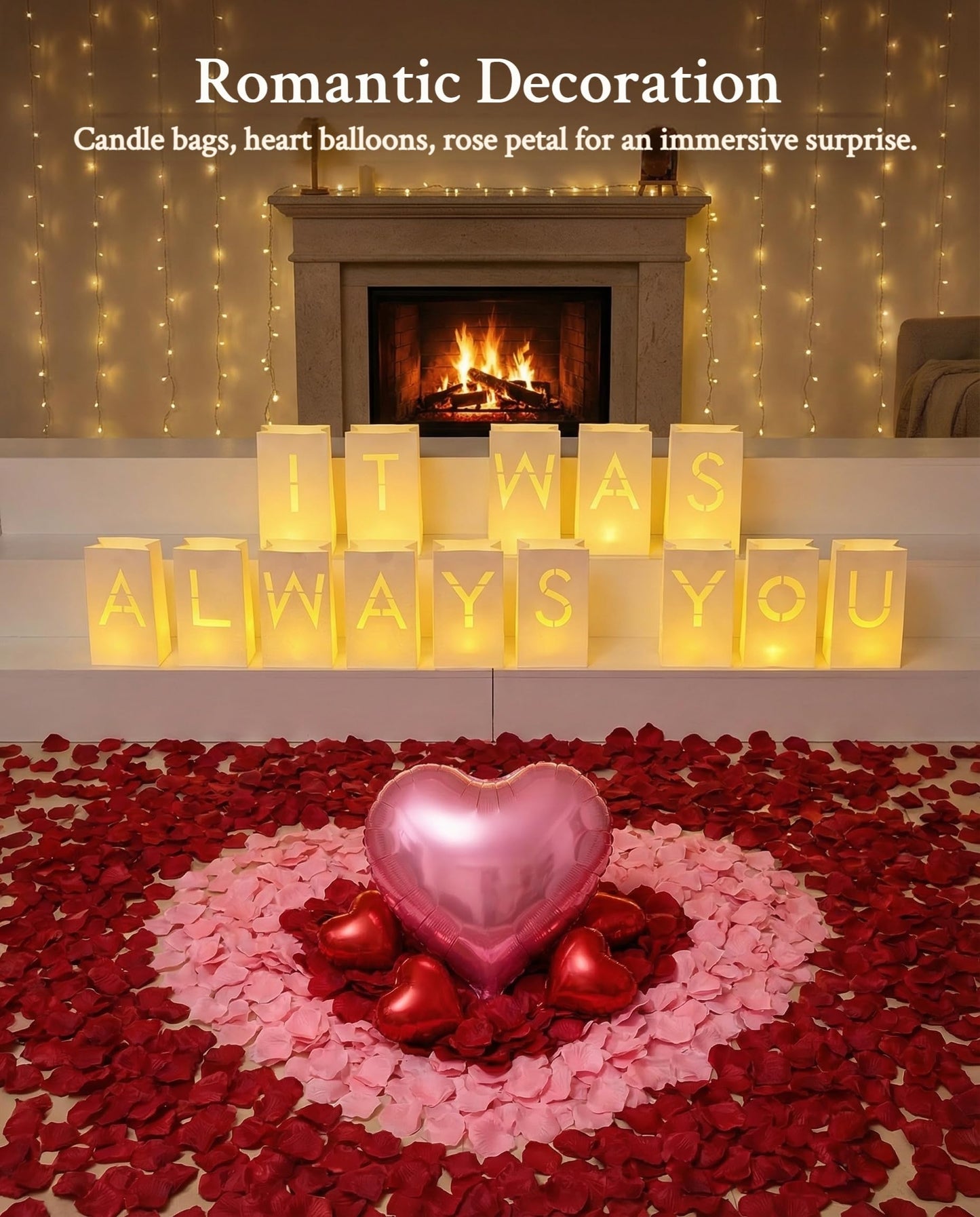 JZLiner It was Always You Light Up Letters Include Romantic Fake Rose Petals and LED Candles Heart Balloons Set Decorations