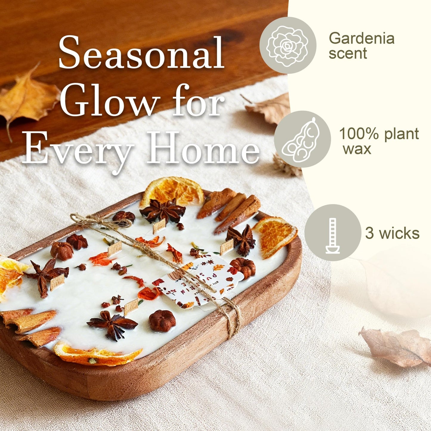 6 Wick Spice Decorated Scented Candle in Wooden Bowl - 20 Oz Aromatherapy Soy Wax Candle for Home Holiday Decor - Pumpkin Spice Cinnamon Clove Scented-Lemon