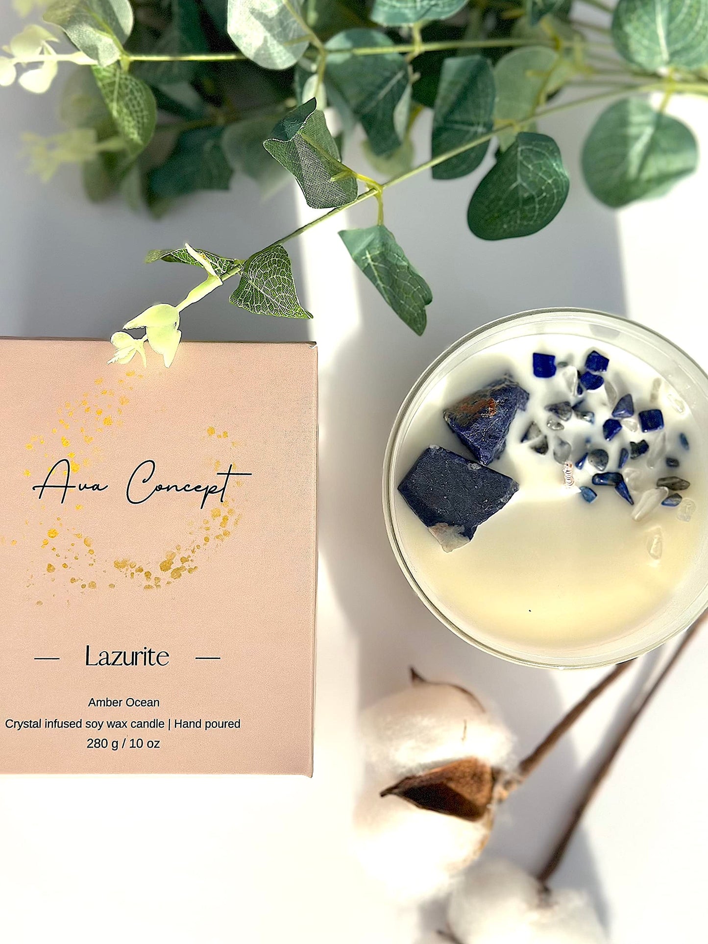 Ava Concept Lazurite Crystal Candle – 10oz / 280g | Amber Ocean Aromatherapy | Hand-Poured Soy Wax | Genuine Lapis Lazuli Healing Crystals Embedded | Power, Wisdom & Luck | Gift Box Included