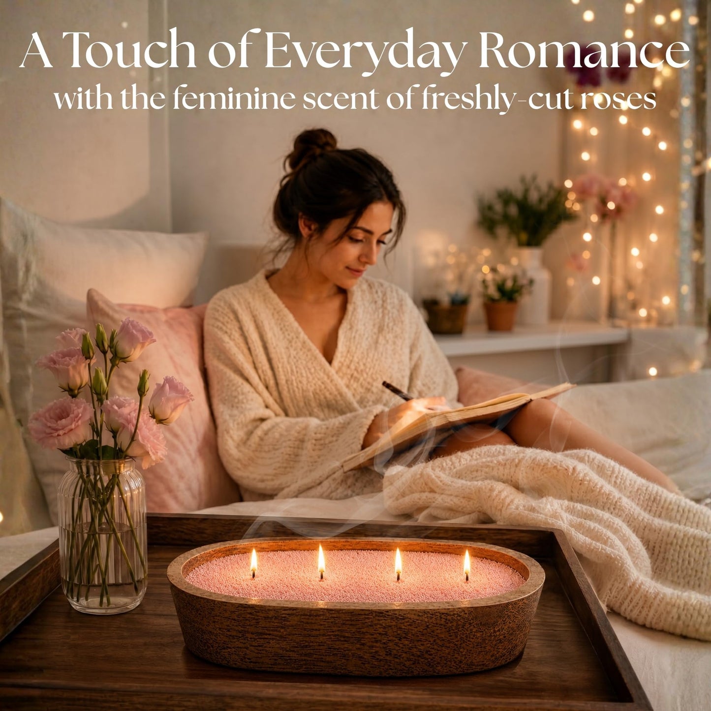 LILY LADUE 1LB Rose Scented Pearled Candle Sand Kit - Decorative Refillable Sand Candle Kit with 24 Wicks and Wooden Holder, Pink Wax Beads, Powder Wax Pearls to Make Your Own Home Decor, Gift Set