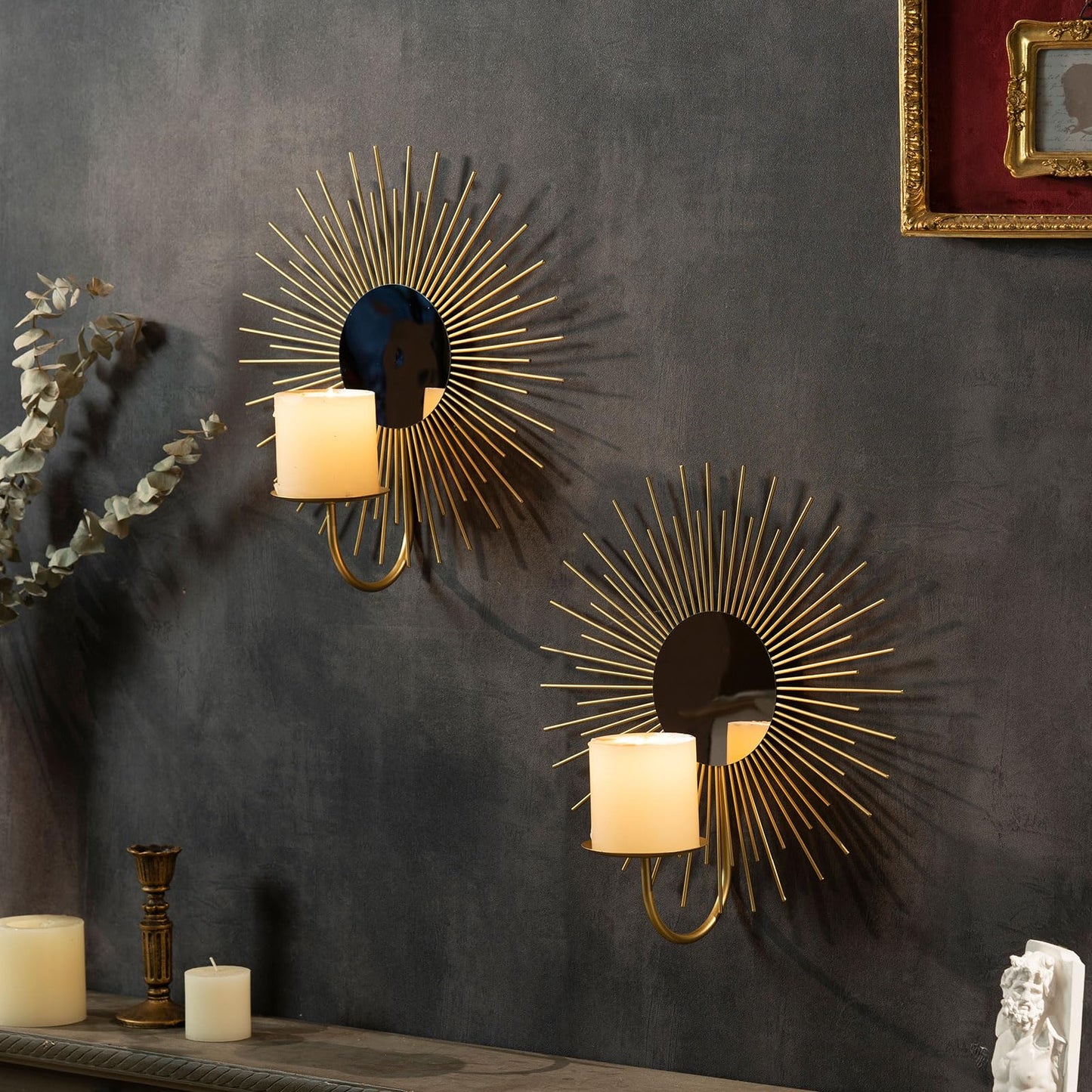 AIM & GGKK Wall Candle Sconce Holder,Set of 2 Mirror Wall Mounted Metal Candle Holder for Home,Living Room, Dining Room,Rustic Farmhouse Boho Decorations