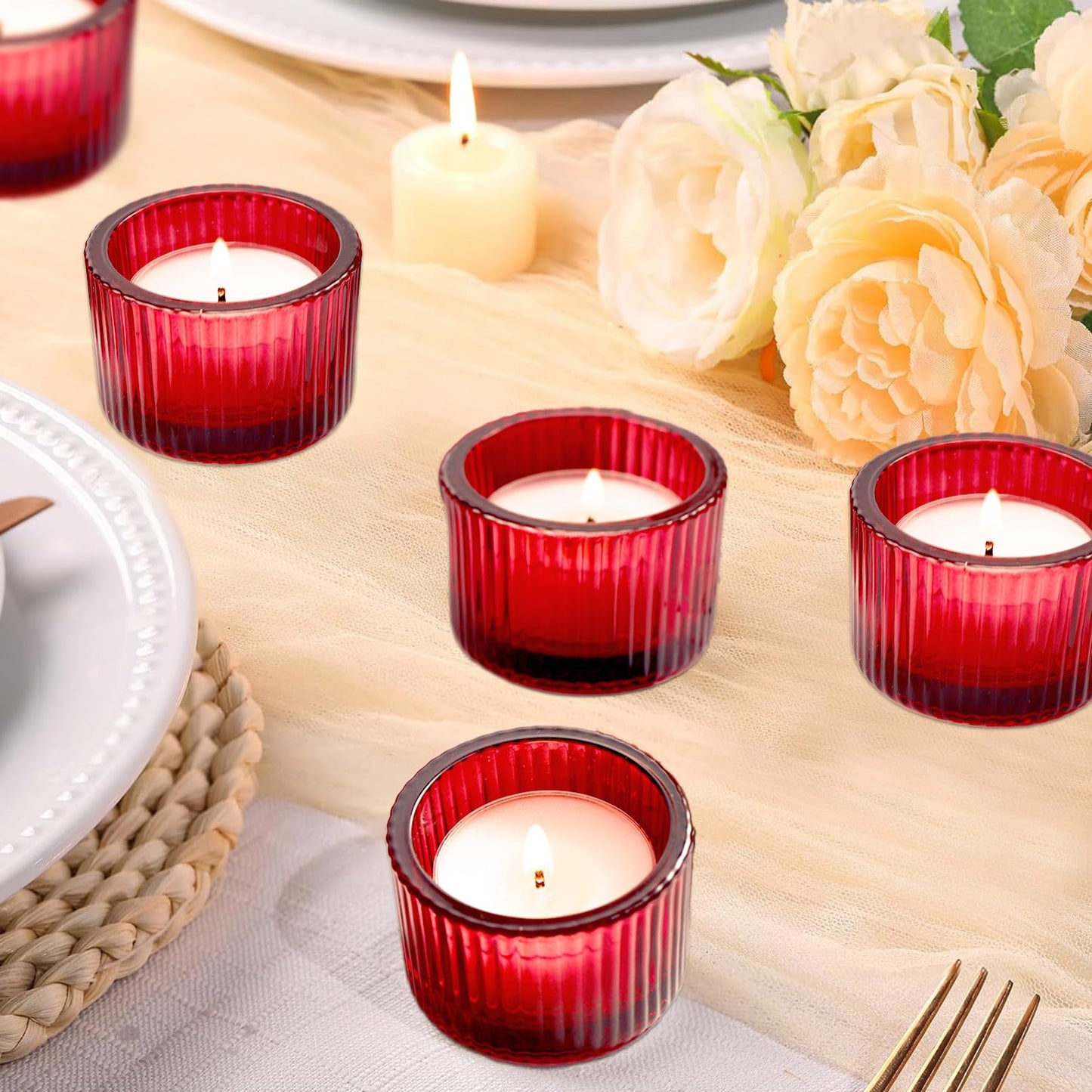 Cabaubl Red Candle Holders, Glass Votive Candles Holders for Table Centerpiece, Tealight Candle Holder, Glass Tea Light Candles Holder for Party & Home,Wedding Decor, Set of 12