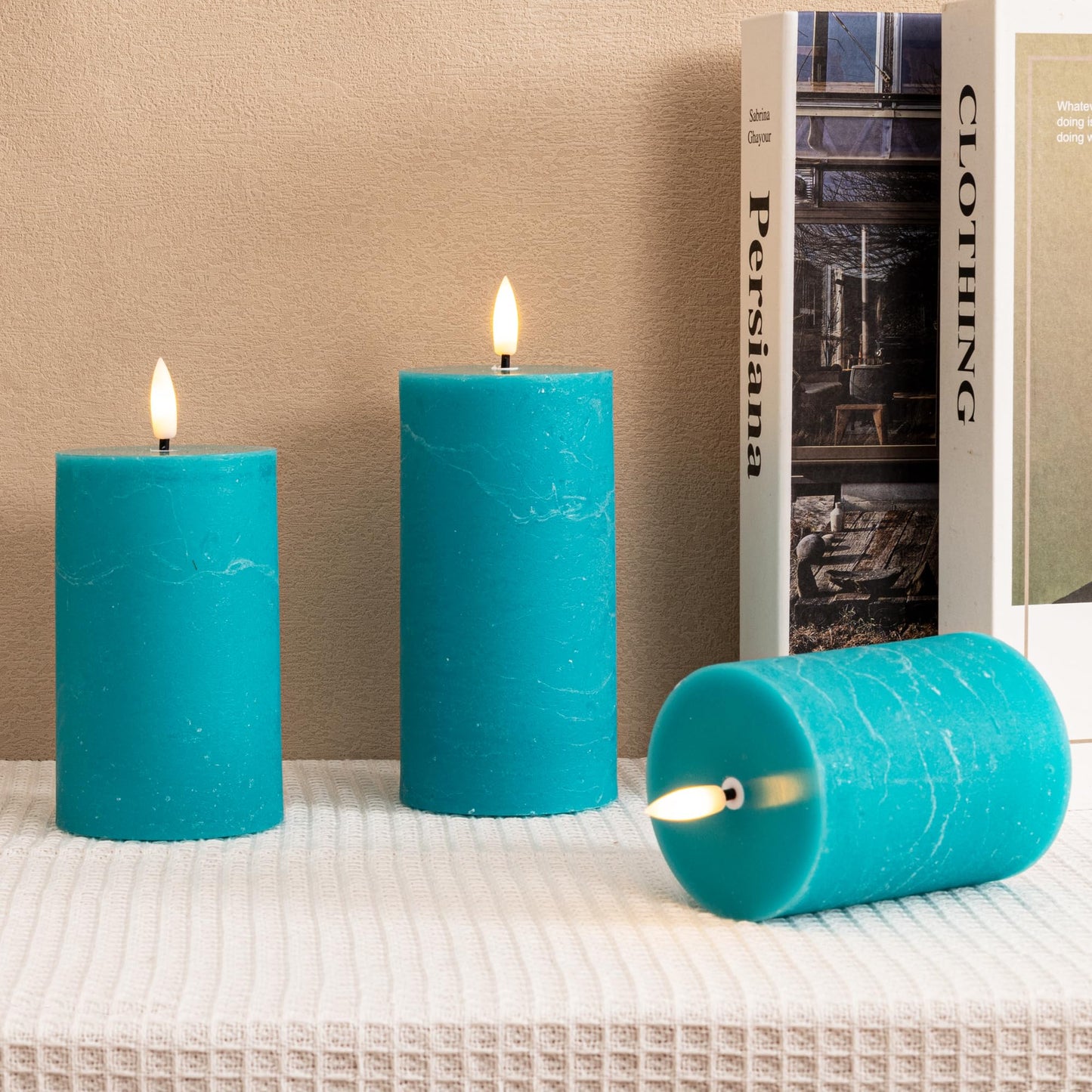 AFINETH Teal Flameless Candles, Real Wax Battery Operated Candles with Remote, Flat Top Flickering LED Pillar Candles for Home Party Wedding Holiday Decor, Set of 3 (H 4" 5" 6" x D3)