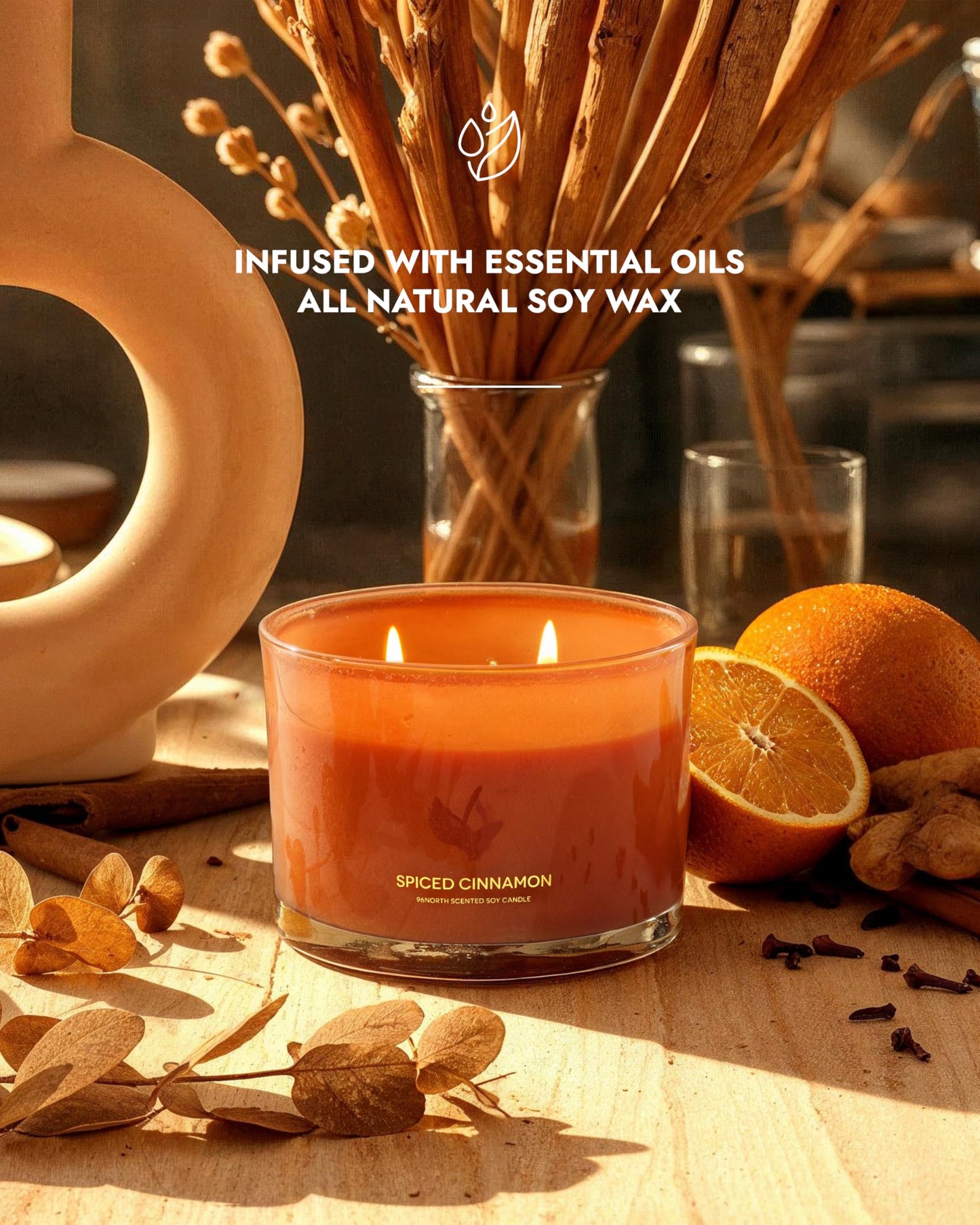 96NORTH Luxury Spiced Cinnamon Candle | Large 3 Wick Jar Candle | Up to 40 Hours Burning Time | 100% Natural Soy Wax | Relaxing Aromatherapy Aesthetic Candles | Housewarming Gift for Men and Women