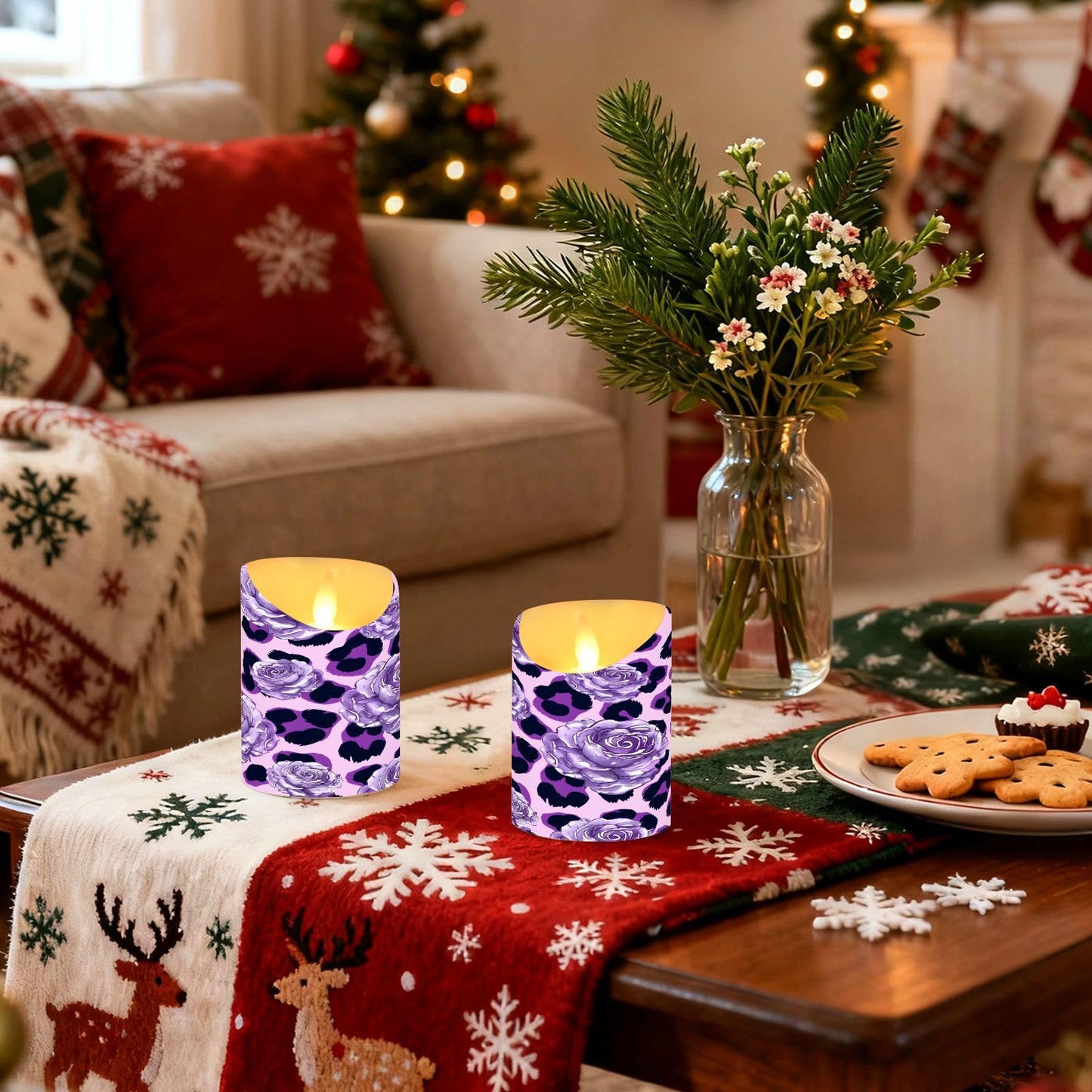 ALAZA Purple Leopard Print Rose Pattern Flickering Flameless Candles Battery Operated with Remote Timer,Tea Light Candles LED Pillar Votive Set of 2 for Outdoor Indoor Decorations 3" x5.9"