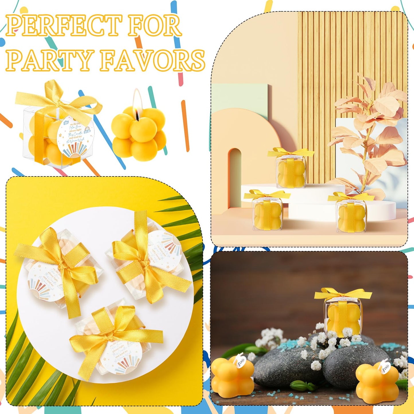 MTLEE 24 Sets Here Comes the Son Baby Shower Favors Small Bubble Candle for Guests Tea Candles Bulk with Stylish Ribbons Cards Gifts Party Decoration(Yellow, Sun)