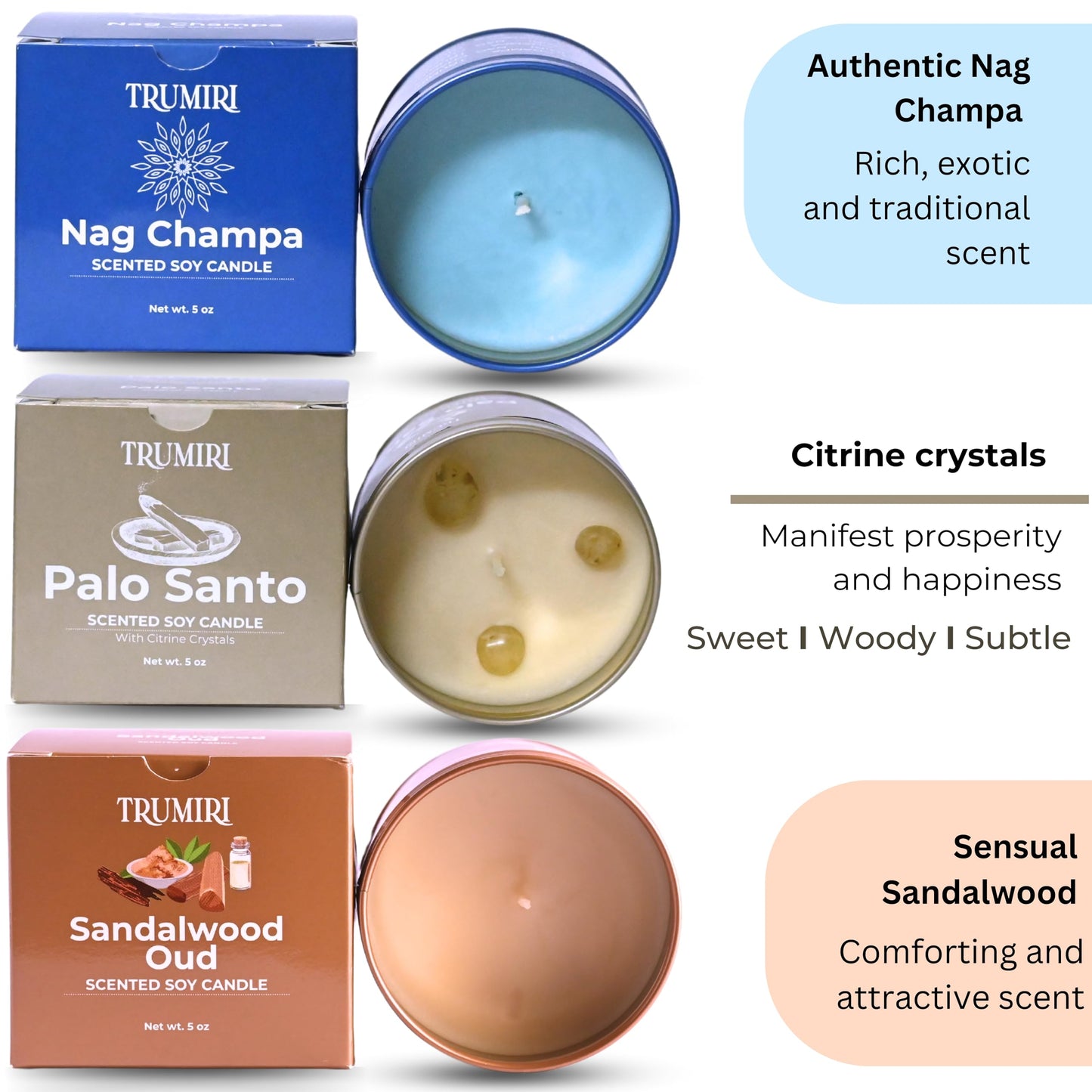 Palo Santo, Nag Champa, Sandalwood Oud - Soy Candles Non Toxic - Highly Scented Long Lasting with Essential Oils - Variety Pack of 3 x 5oz - for Home Aromatherapy Meditation Gift Travel