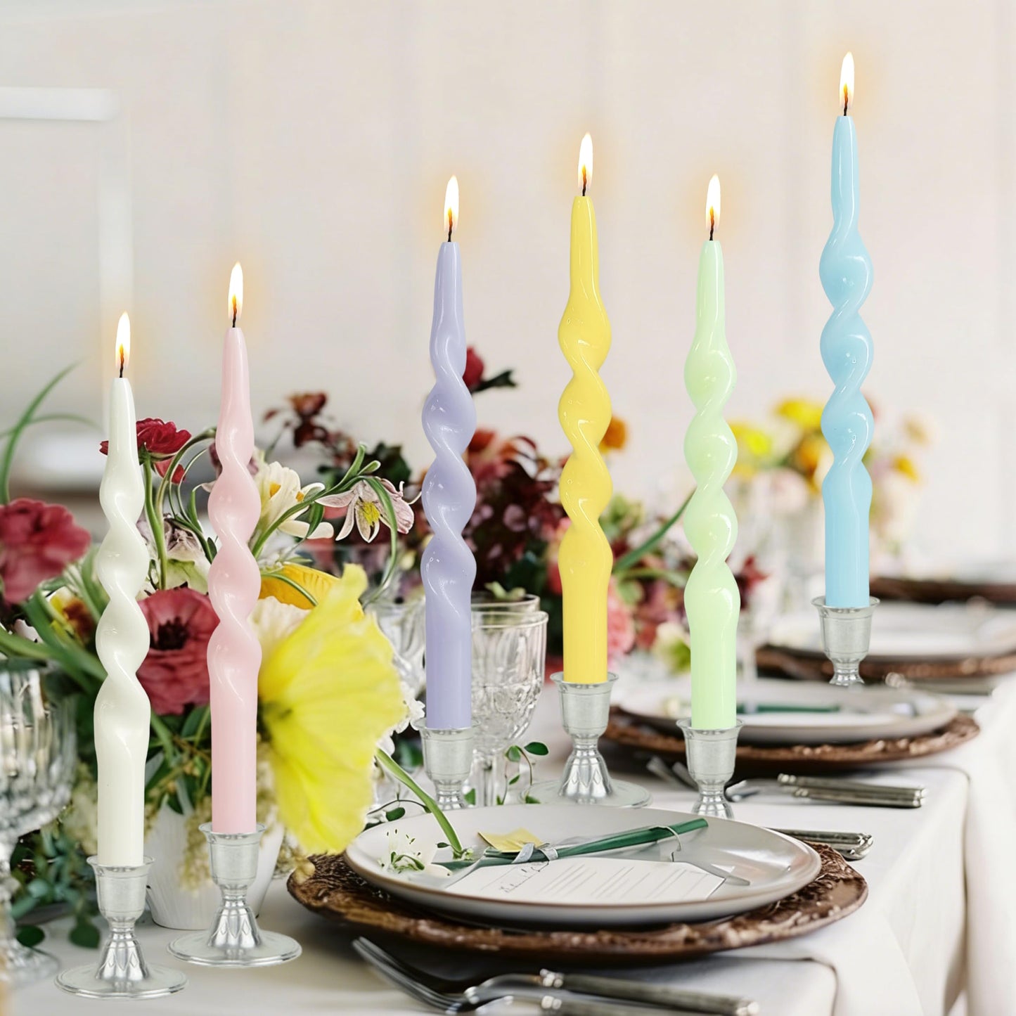 10 Inches Spiral Taper Candles Sticks Pastel Twisted Candle Dripless Unscented Long Candles, Handmade Candy Candlesticks for Wedding Dinner Decor, Set of 6