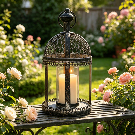 Vintage Distressed Black Metal Lantern, 12.99" H Decorative Candle Lantern with Chicken Wire Design, Farmhouse Candle Holder for Indoor Outdoor Wedding, Patio, Tabletop Decor