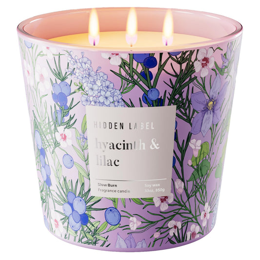 Hidden Label Large Soy Candle, Hyacinth Lilac Scented, 3 Wick 30oz, 100Hr Burn, Natural Non-Toxic Aromatherapy Stress Relief, Home Scent, Spa