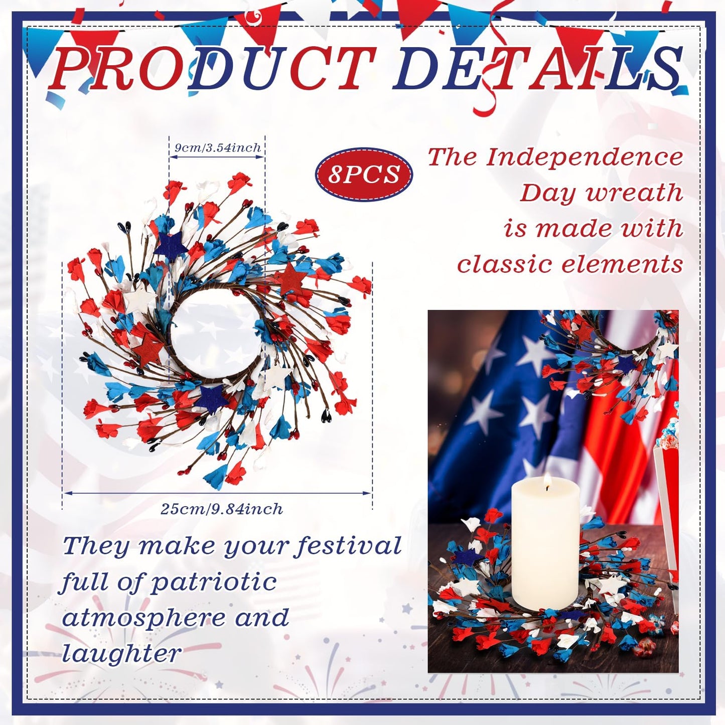 8 Pcs Mini 4th of July Candle Ring Wreaths Patriotic Red White and Blue Artificial Pillar Candle Holder Wreath for Farmhouse Independence Day Memorial Day Porch Front Door Cabinets Table Decoration