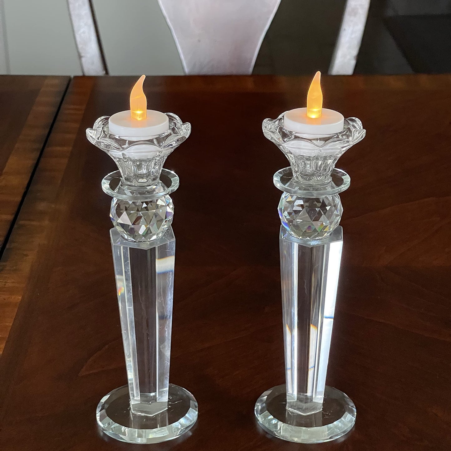 Allgala Set of 2 Crystal Glass Made Reverse Tapered Pillar and Hand Crafted Ball Candlesticks-8.5"-HD89151