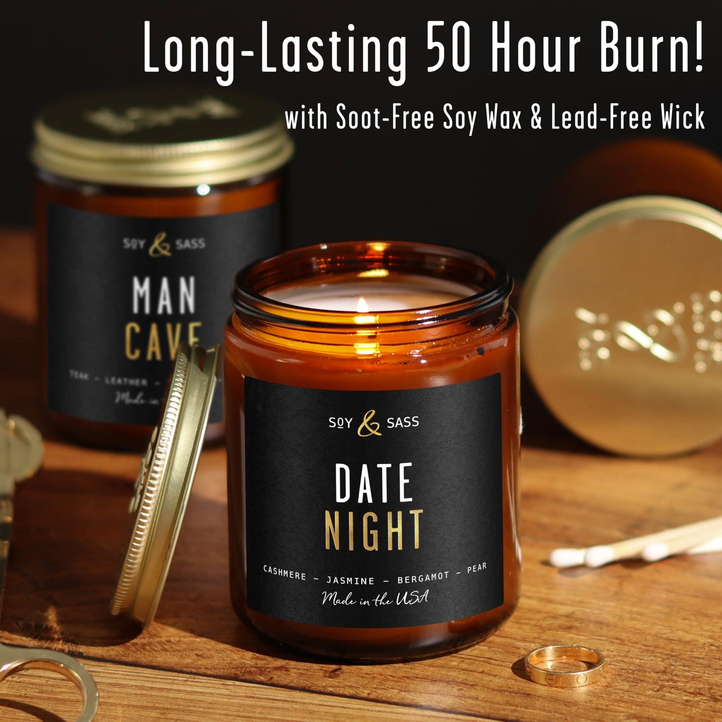 Date Night Candle I Scented Black Candles for Men or Women - French Cashmere & Vanilla Scent Soy Wax - Infused w/Essential Oils | Mens Candle I Long-Lasting 50Hr Burn, 9oz I Non Toxic I Made in USA