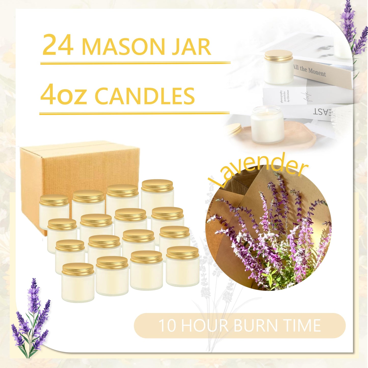 ACITHGL 24 Pcs Frosted Glass 4oz Mini Mason Jar Candles Small Lavender Scented Candles Bulk Aromatherapy Ideal Souvenir Favors for Wedding Birthday Party (Gold, Frosted, 24)