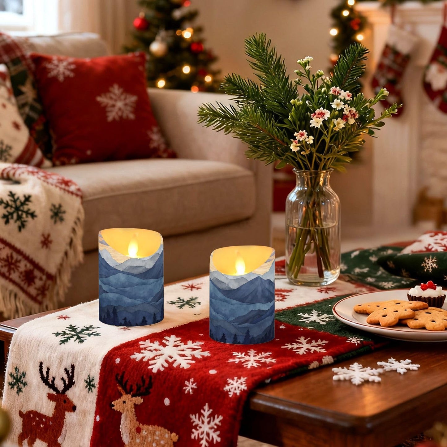 Blue Marble Flameless Candles with Remote, Set of 2 LED Battery Operated with Timer Fake Plastic Pillar Candles for Wedding Table Party Decor